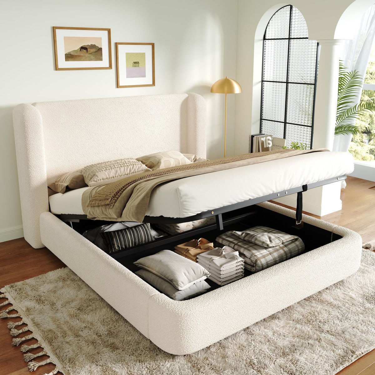 MERAX Lit coffre rembourré 160x200 cm coloris beige tissu