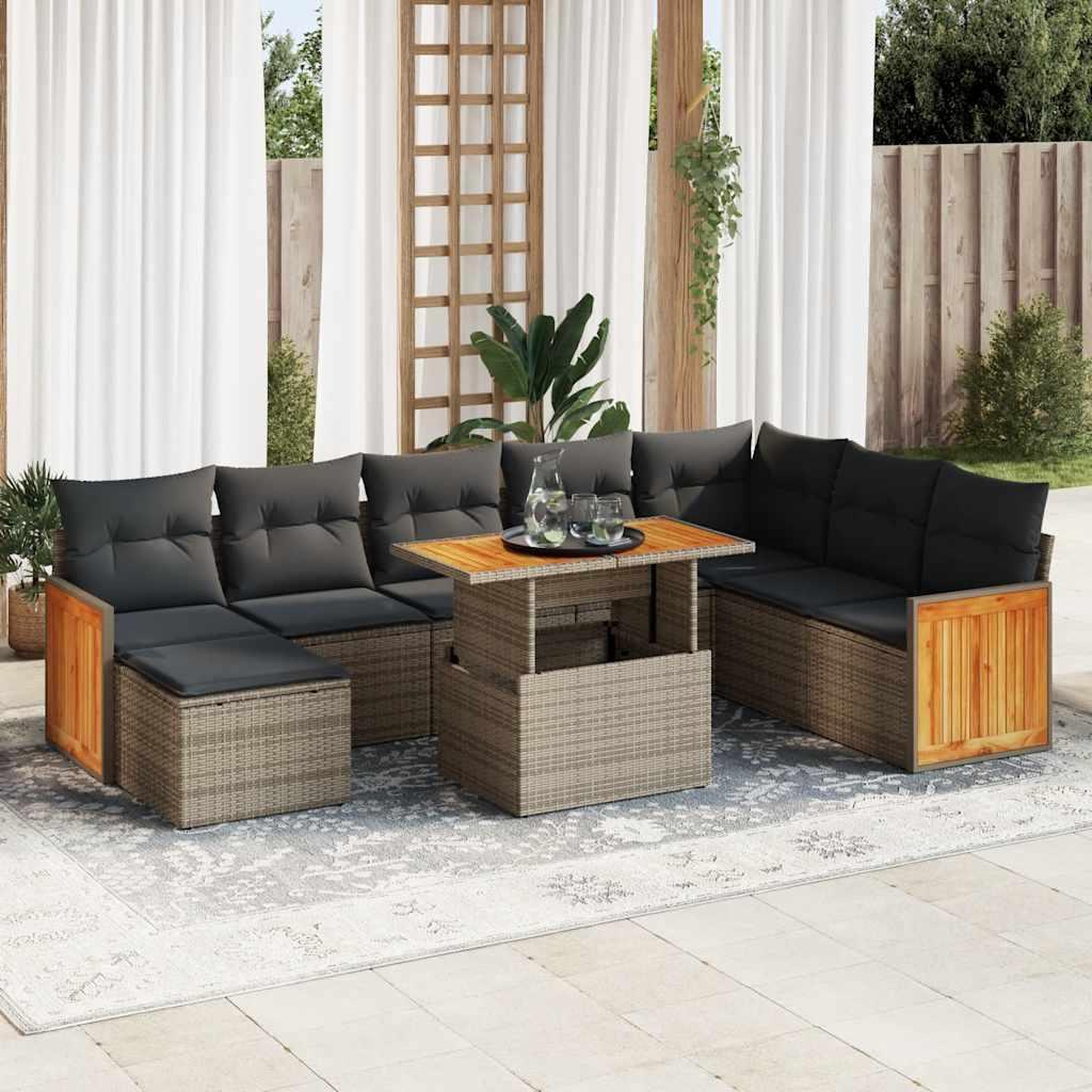 VIDAXL Salon de jardin avec coussins 9 pcs gris resine tressee acacia