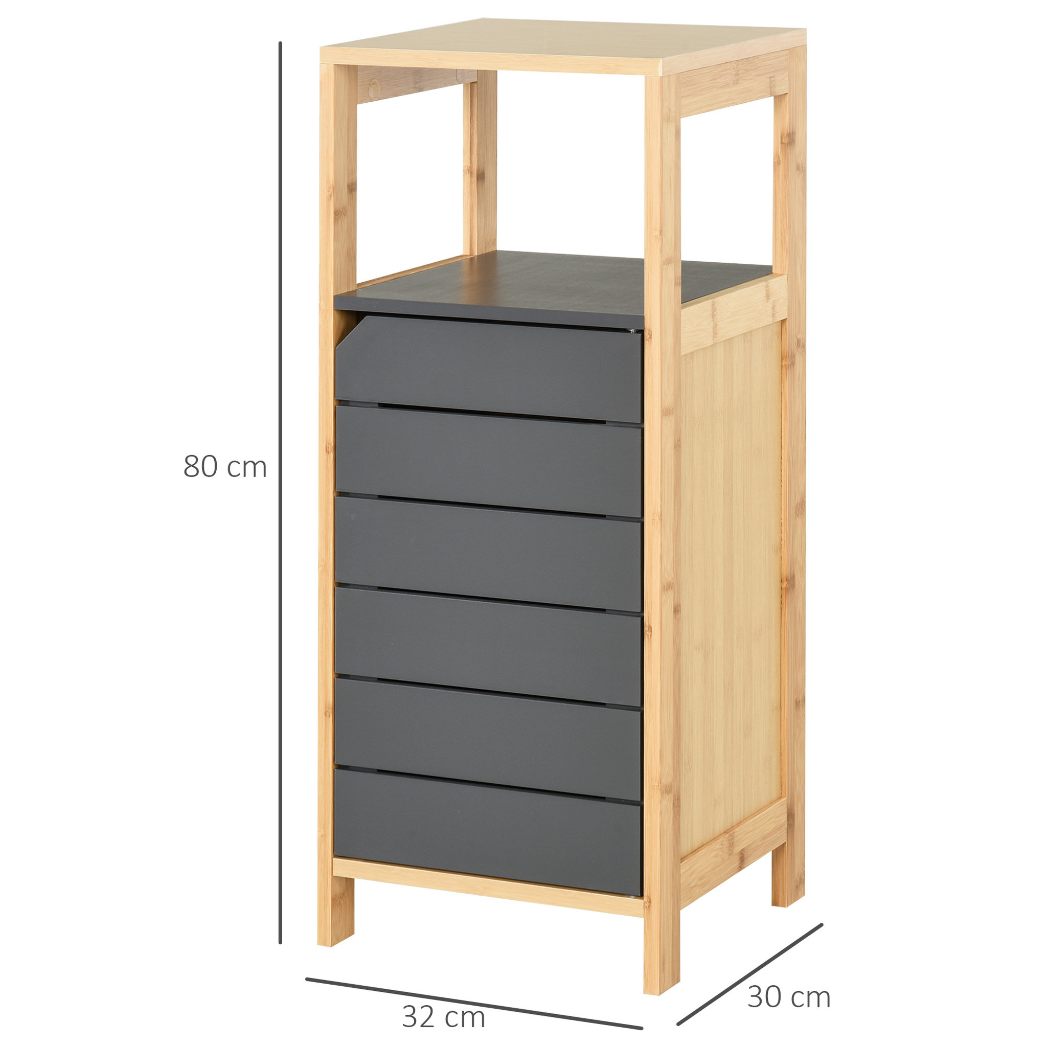 Voir la diapositive 3 : HOMCOM Meuble colonne rangement salle de bain style cosy dim. 32L x 30l x 80H cm porte étagères niche bambou gris