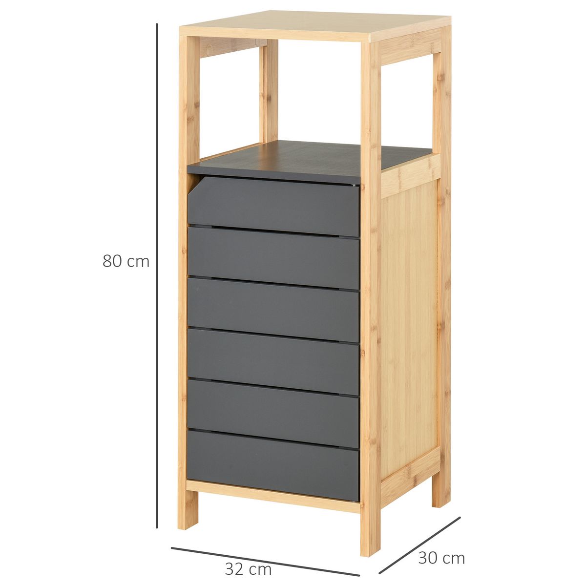 HOMCOM Meuble colonne rangement salle de bain style cosy dim. 32L x 30l x 80H cm porte étagères niche bambou gris