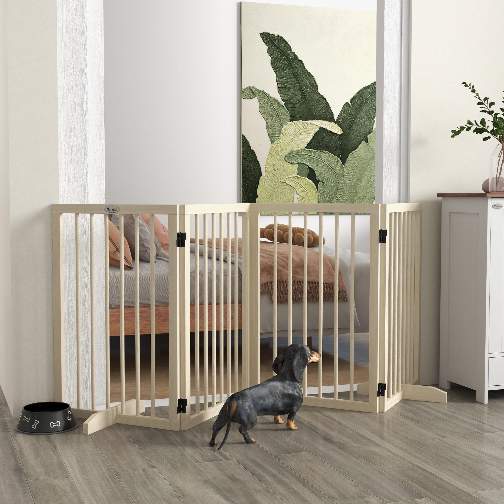 Voir la diapositive 2 : PAWHUT Barrière de sécurité chien 4 panneaux modulable autoportante dim. Max. 206l x 35l x 76h cm bois clair