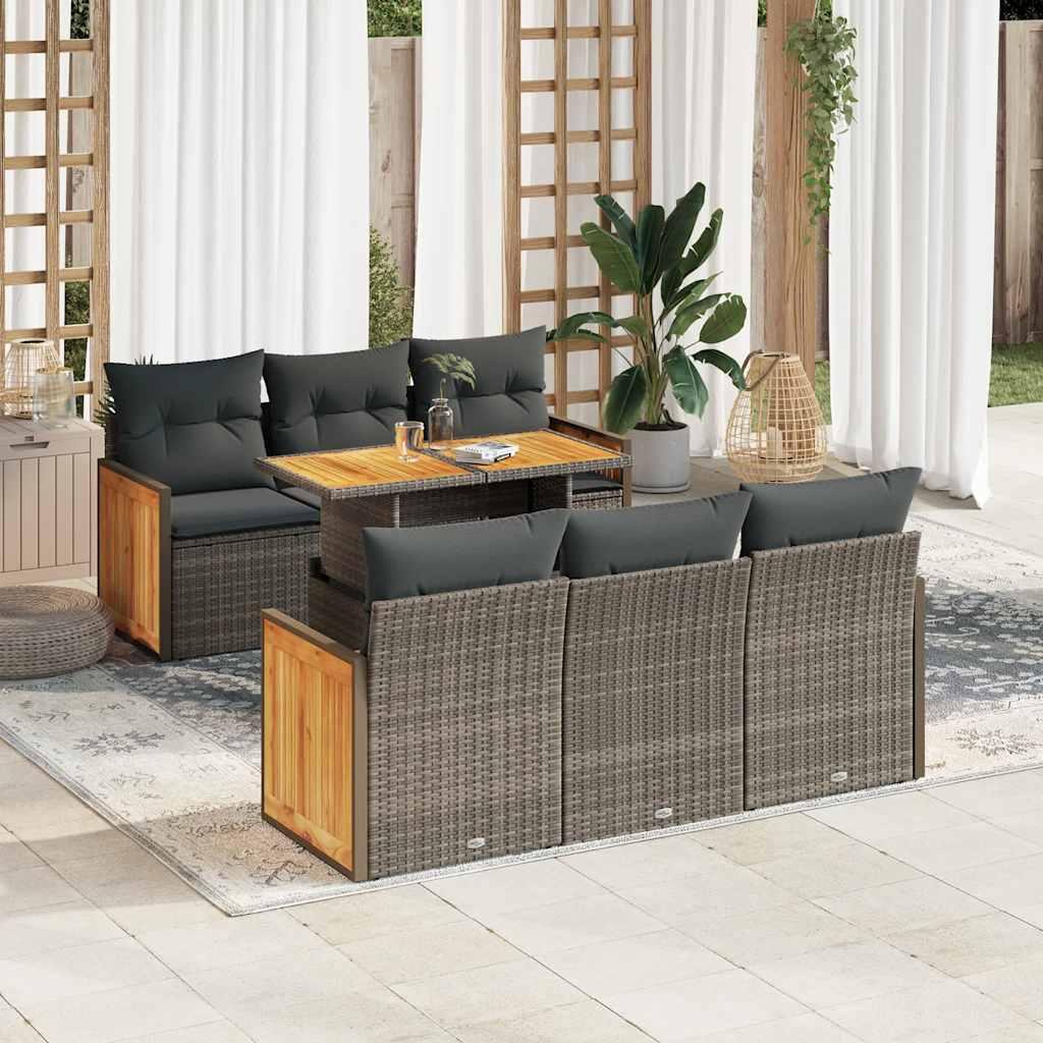 VIDAXL Salon de jardin avec coussins 7 pcs gris resine tressee acacia