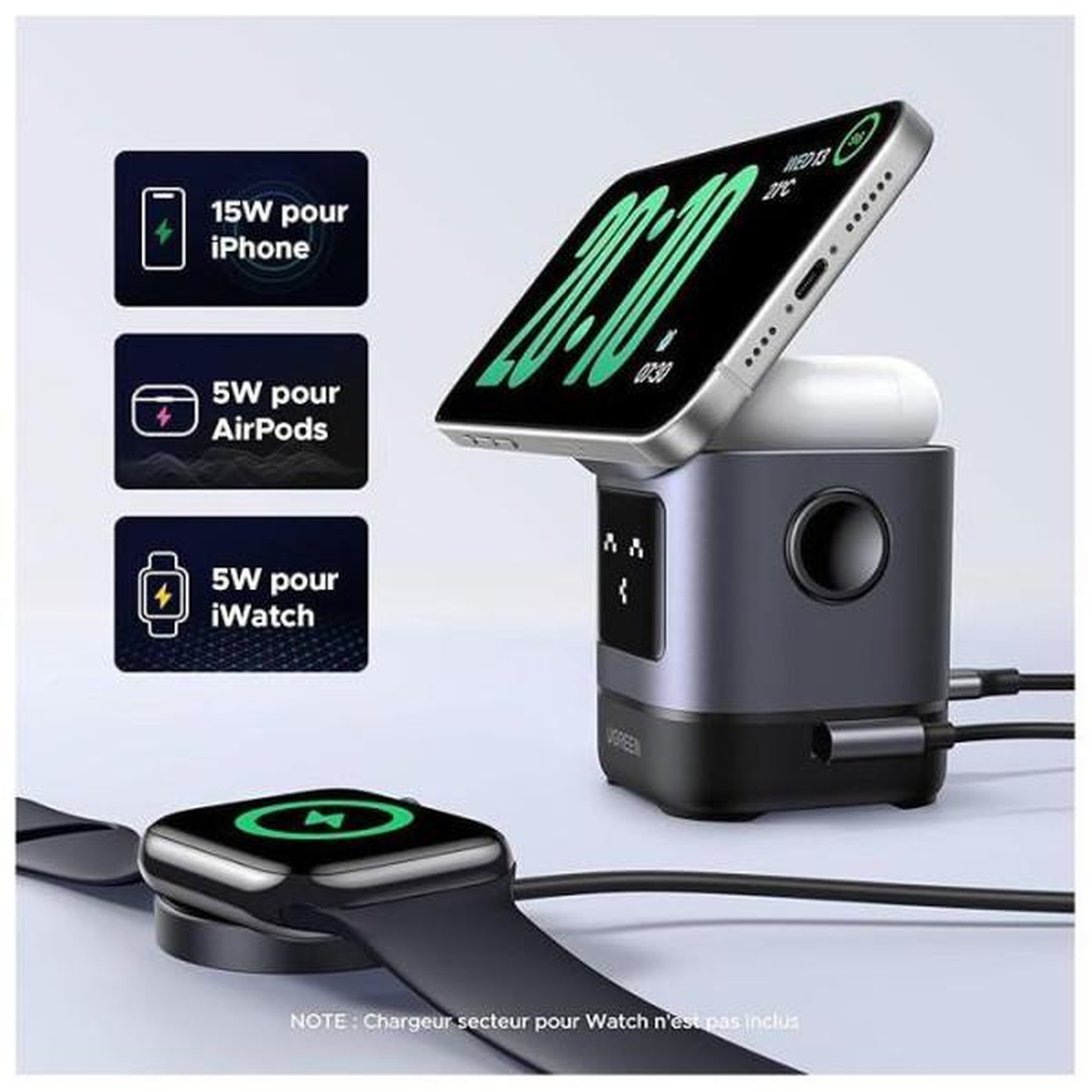 Voir la diapositive 3 : UGREEN Station de charge 2 en 1 - ugreen - robot - qi2 - noir
