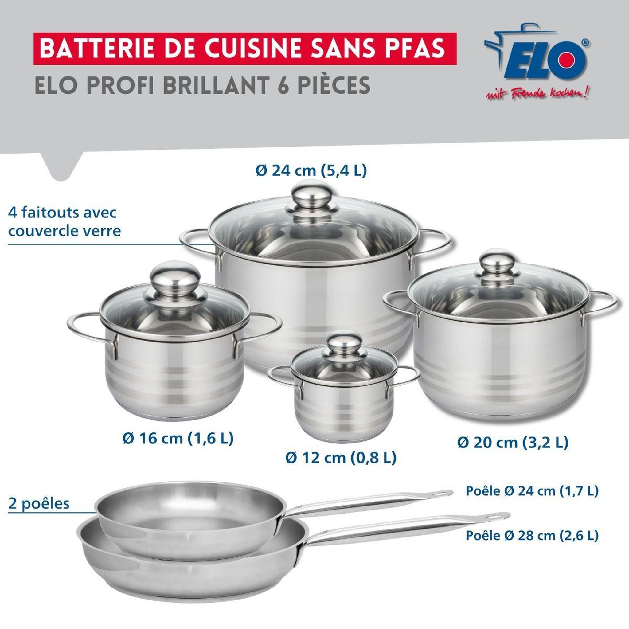 Voir la diapositive 2 : ELO Ensemble de 2 poêles de cuisson 24 et 28 cm et 4 faitouts 12, 16, 20 et 24 cm elo profi brillant