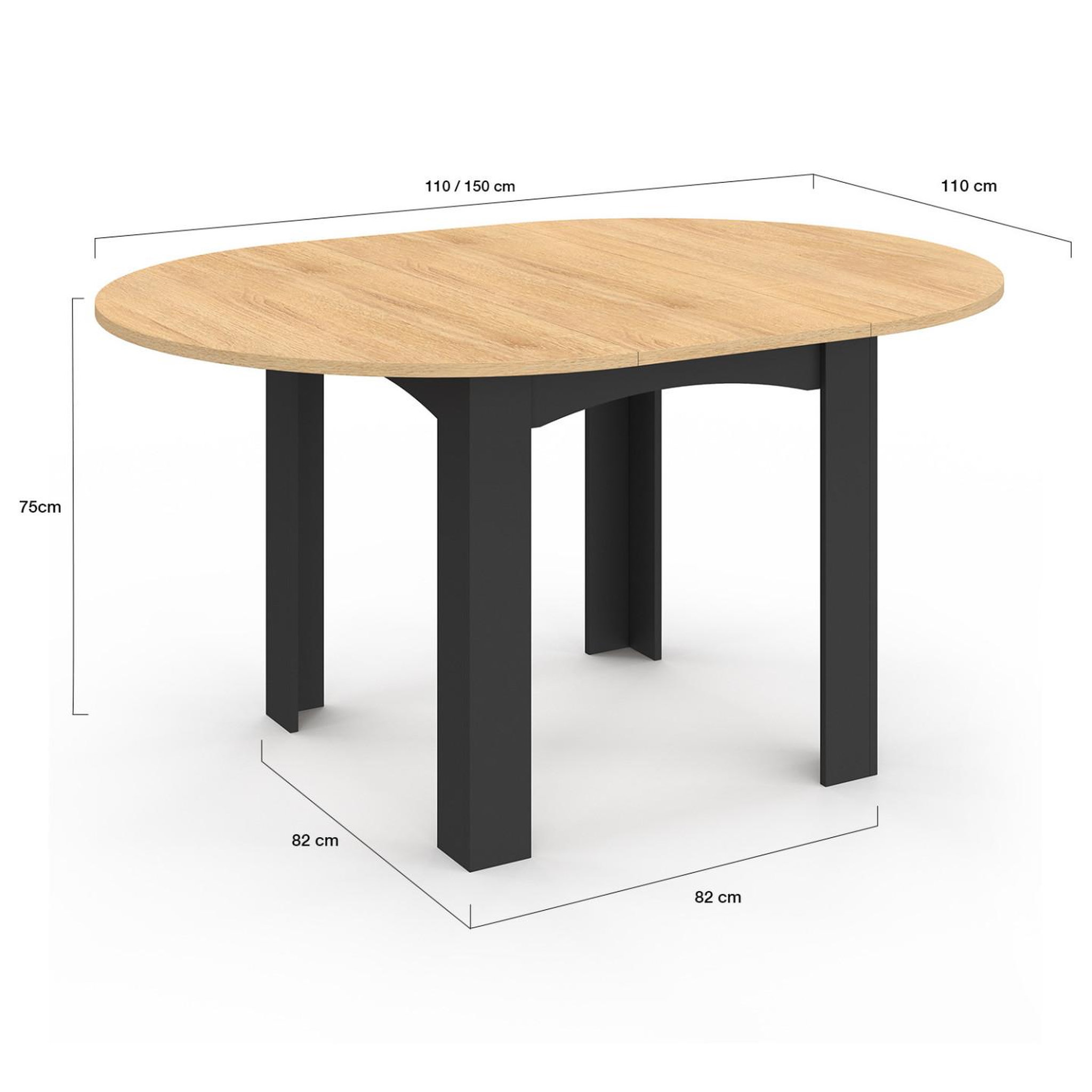 Voir la diapositive 5 : ID MARKET Table à manger extensible ronde dona 4-8 personnes noire plateau façon hêtre 110-150 cm