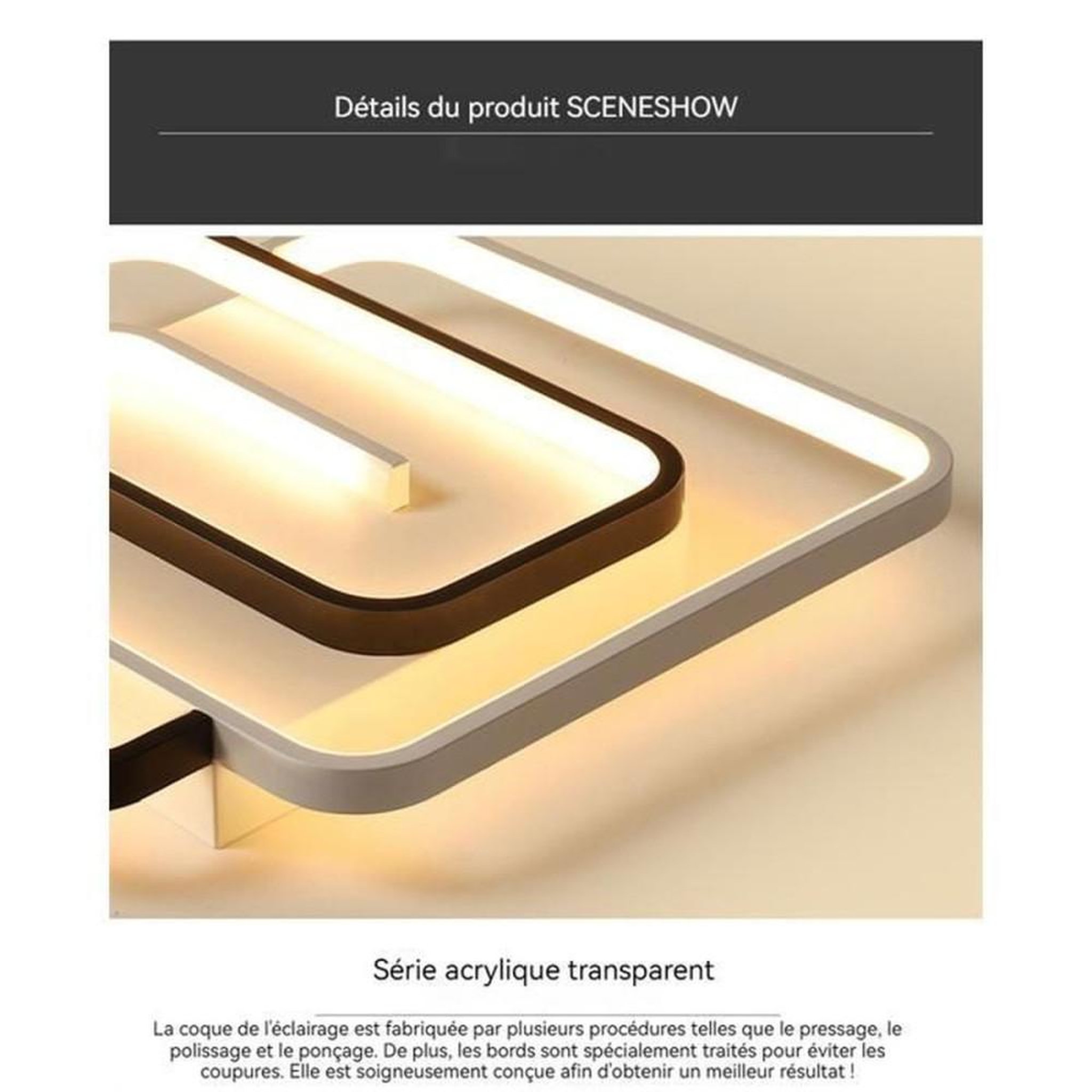 Voir la diapositive 2 : Applique plafond LED carrée 45x45 cm, 40 W dimmable, 3 températures de couleur ajustables, diffuseur acrylique dépoli