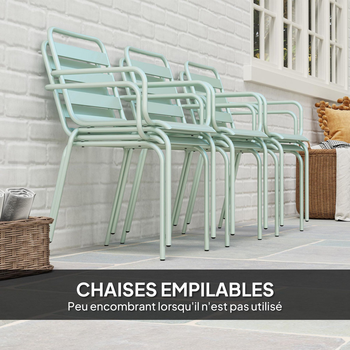 OUTSUNNY Salon de jardin 6 places 7 pièces - table à manger 6 chaises empilables - acier thermolaqué verre d'eau