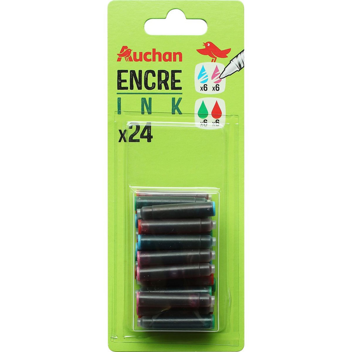 AUCHAN Lot de 24 cartouches d'encre courtes effaçables coloris assortis