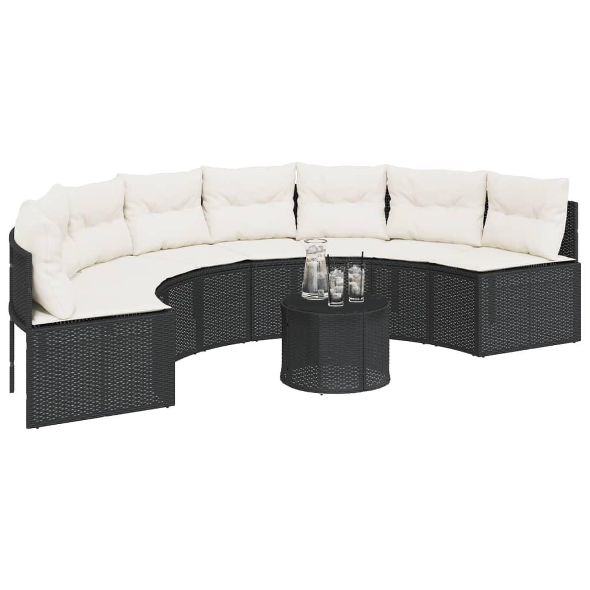 Voir la diapositive 3 : VIDAXL Canape de jardin table coussins demi-rond noir resine tressee