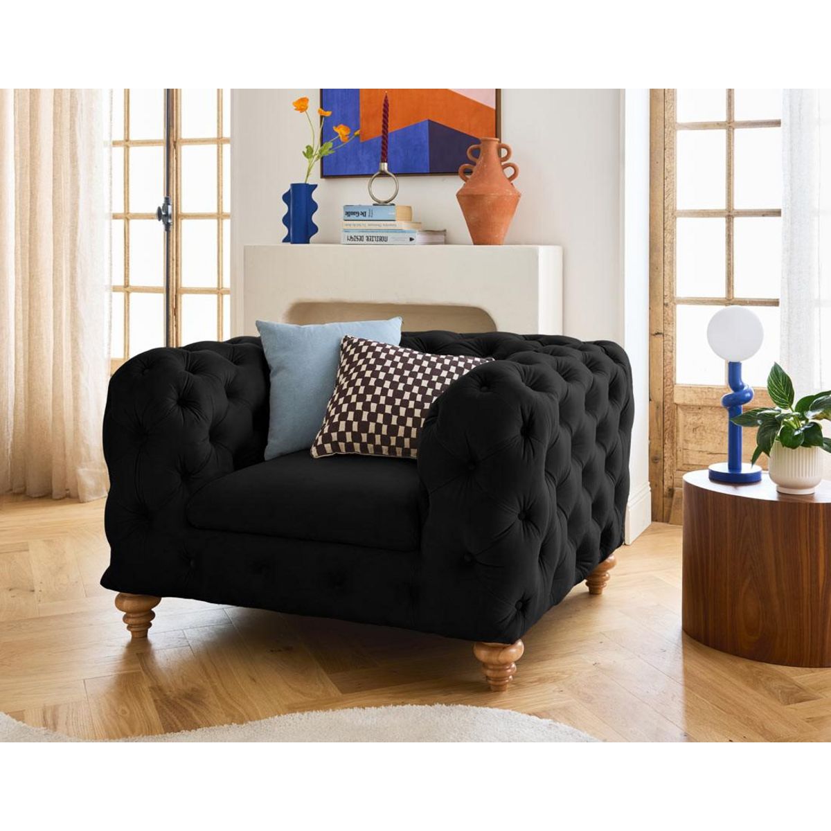 LISA DESIGN Walter - fauteuil chesterfield en velours - pieds bois