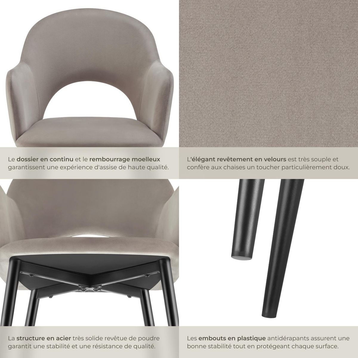 tectake Fauteuil en velours et rembourré taupe Lot de 2