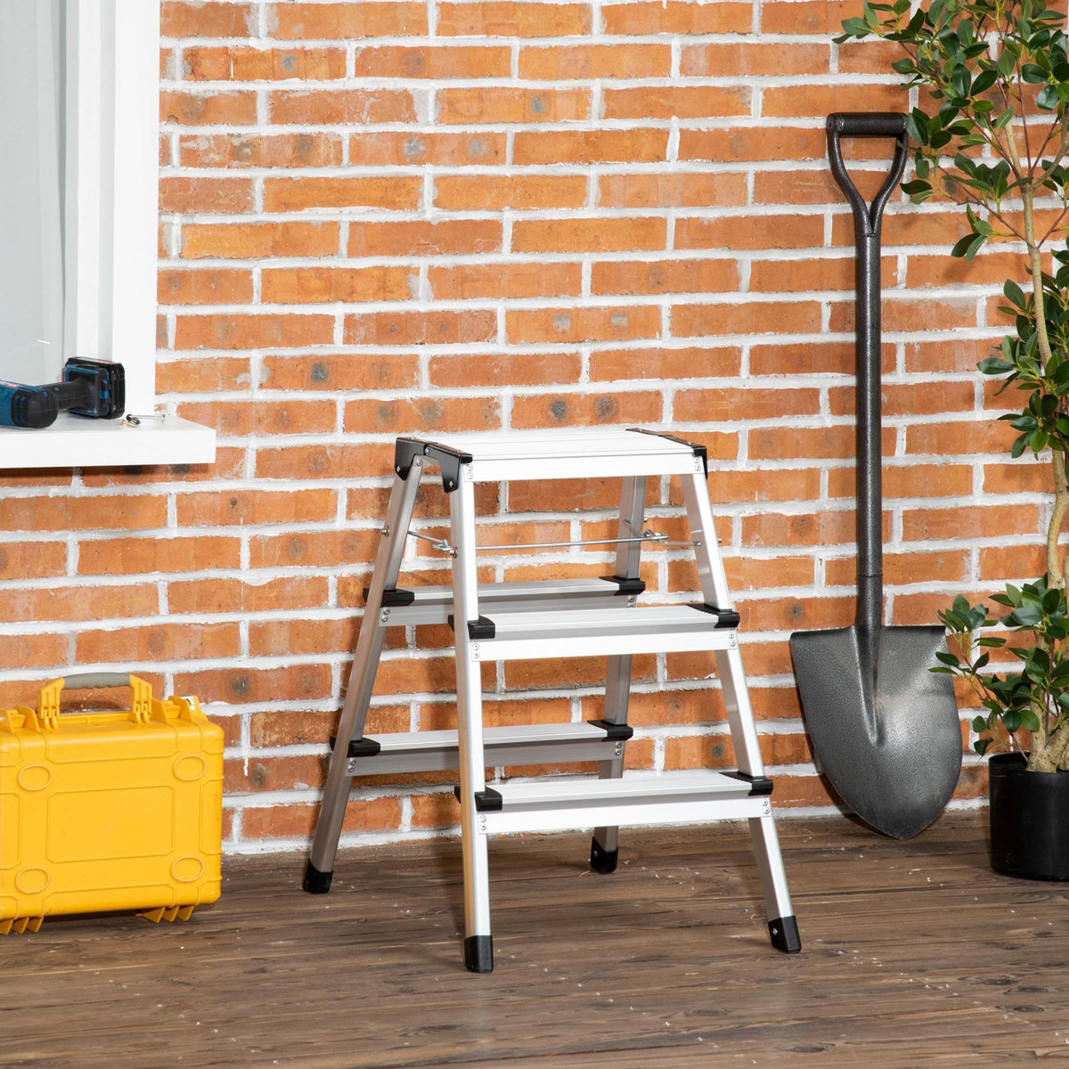 HOMCOM Marchepied escabeau double pliant antidérapant 3 marches hauteur max. 60 cm charge max. 150 Kg acier alu.