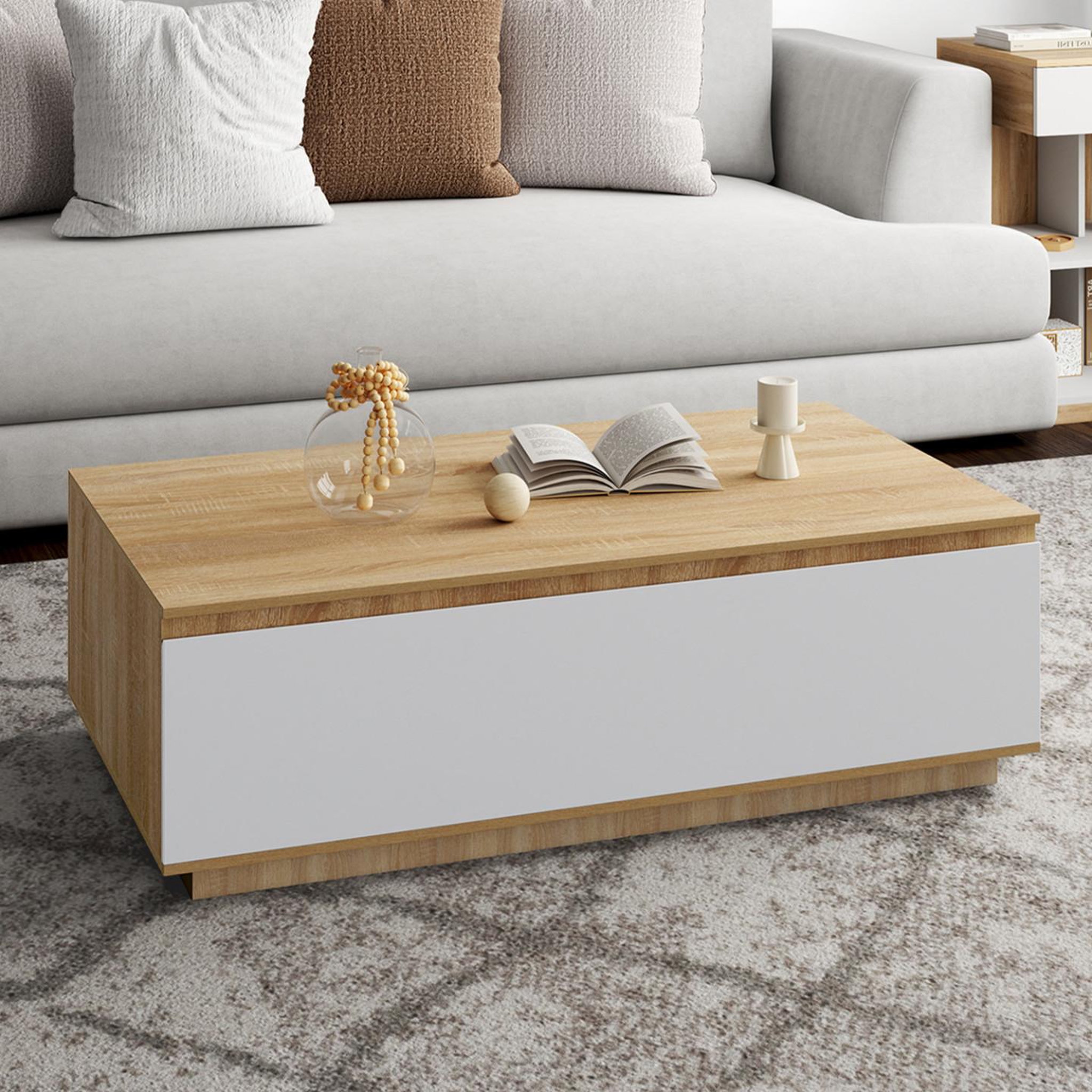 Voir la diapositive 2 : ID MARKET Table basse tomi 110 cm avec porte façon hêtre et blanc