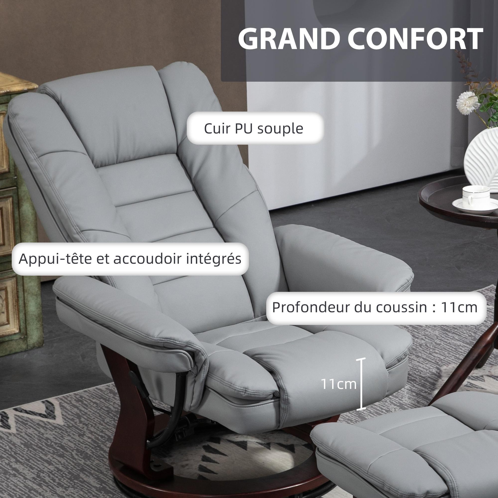 Voir la diapositive 6 : HOMCOM Fauteuil de relaxation inclinable pivotant avec repose-pied PU gris