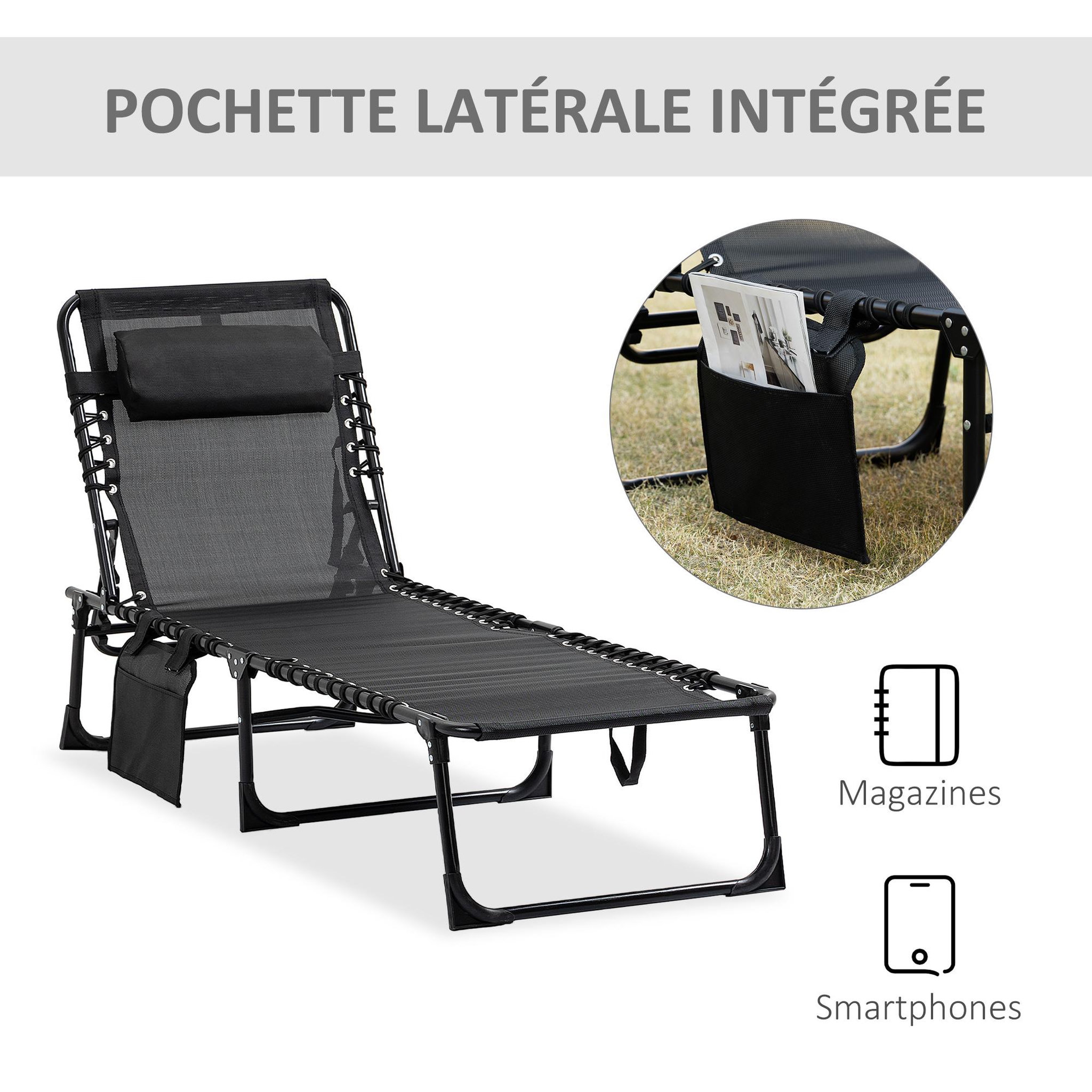 Voir la diapositive 5 : OUTSUNNY Bain de soleil transat pliable avec poignée - dossier inclinable multi-positions, pochette, tétière - acier époxy lacets élastiques textilène noir