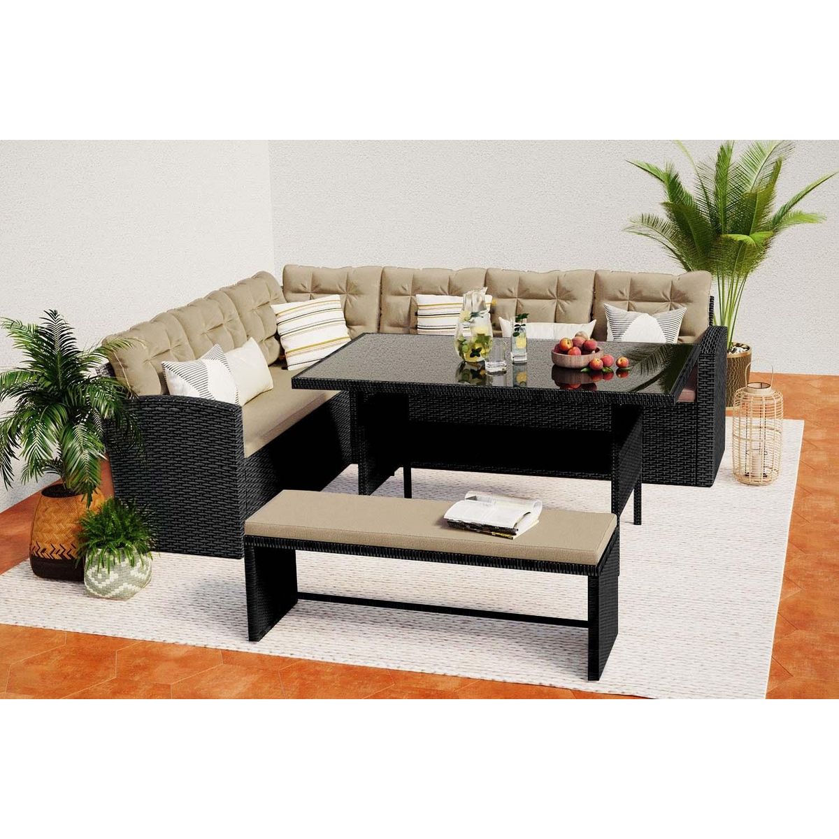 CONCEPT USINE Salon de jardin 8 places résine gris foncé et beige MOOREA