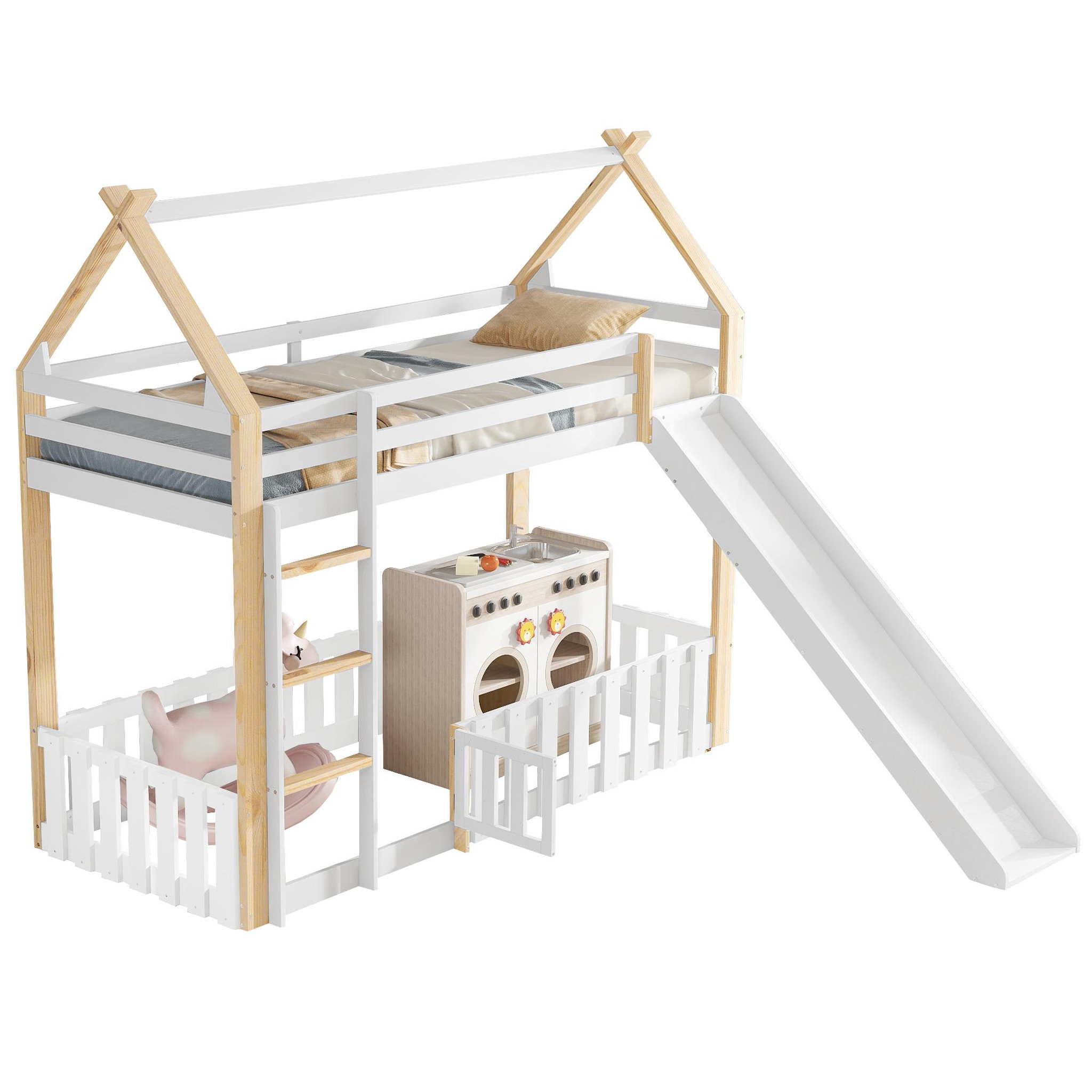 MERAX Lit superposé 90x200cm coloris blanc+naturel pin et mdf