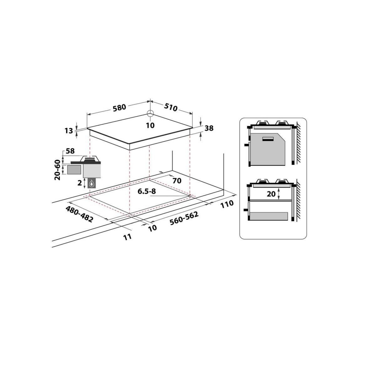 Whirlpool Table de cuisson gaz 58cm 4 feux 7800w inox - TGML660IX