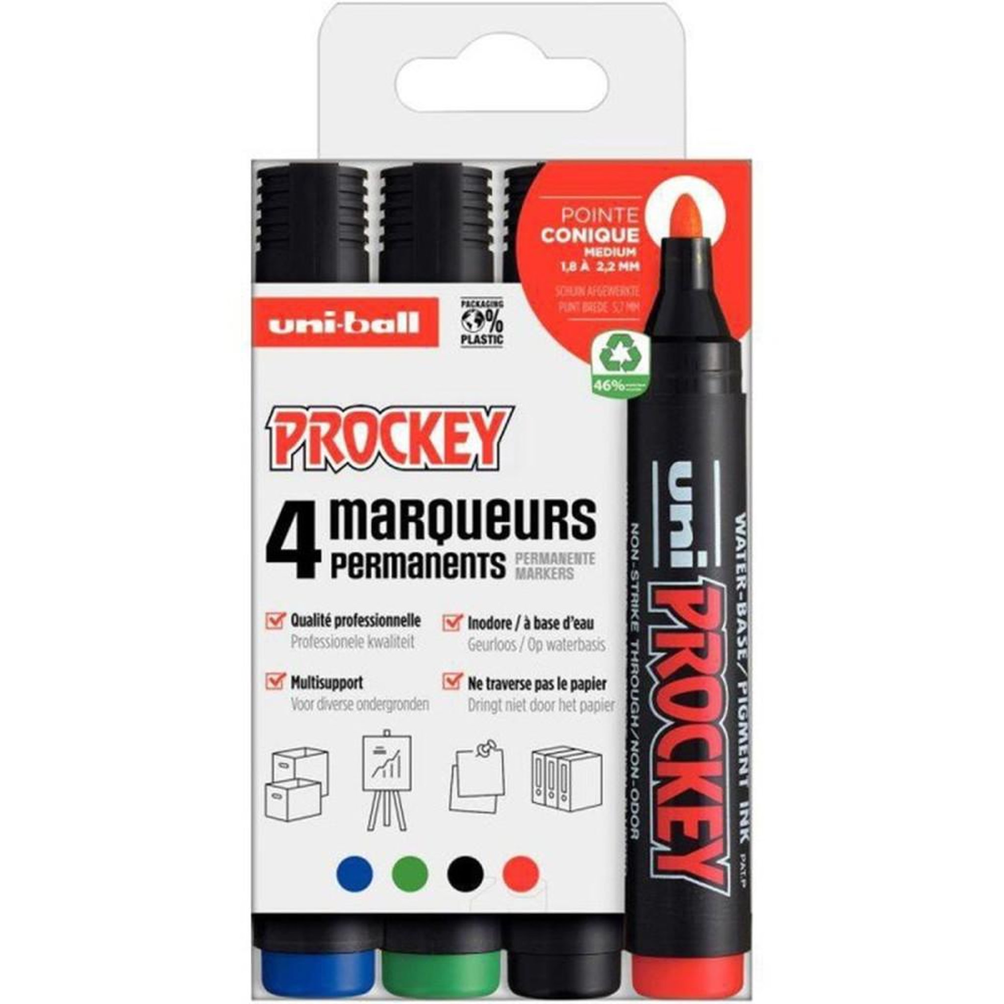 Lot de 4 marqueurs permanents pointe conique 2,2 mm couleurs assorties bleu, noir, rouge, vert