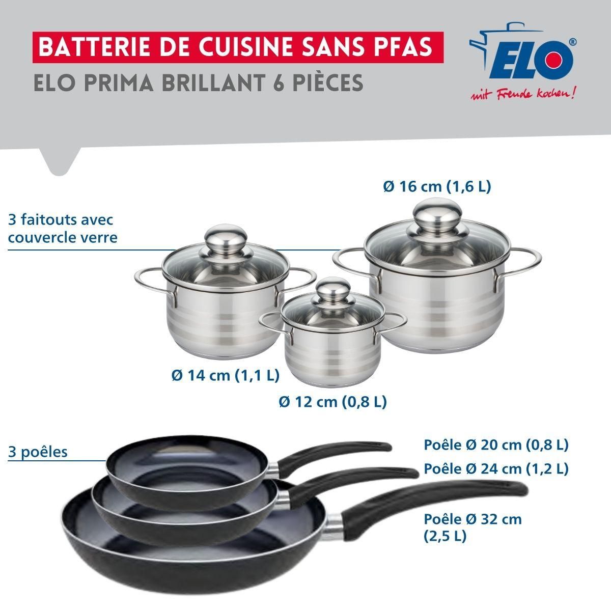 ELO Ensemble de 3 Poêles de cuisson 20, 24 et 32 cm et 3 faitouts 12, 14 et 16 cm Elo Prima Brillant