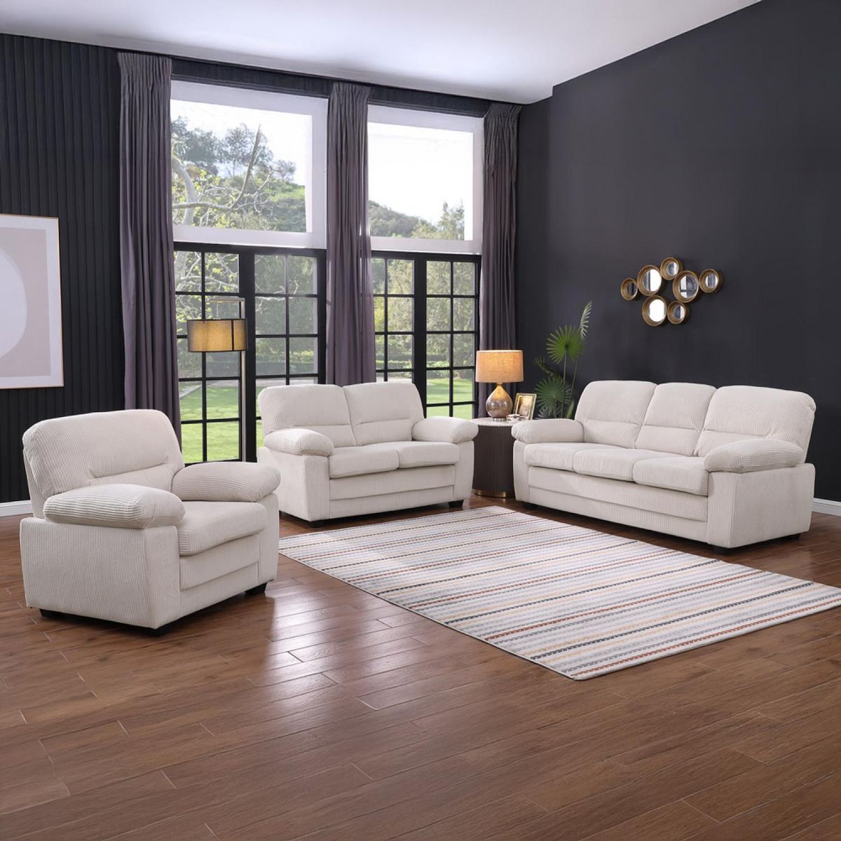 CONCEPT USINE Ensemble canapé 3 places + 2 places + fauteuil en velours côtelé beige LINCOLN