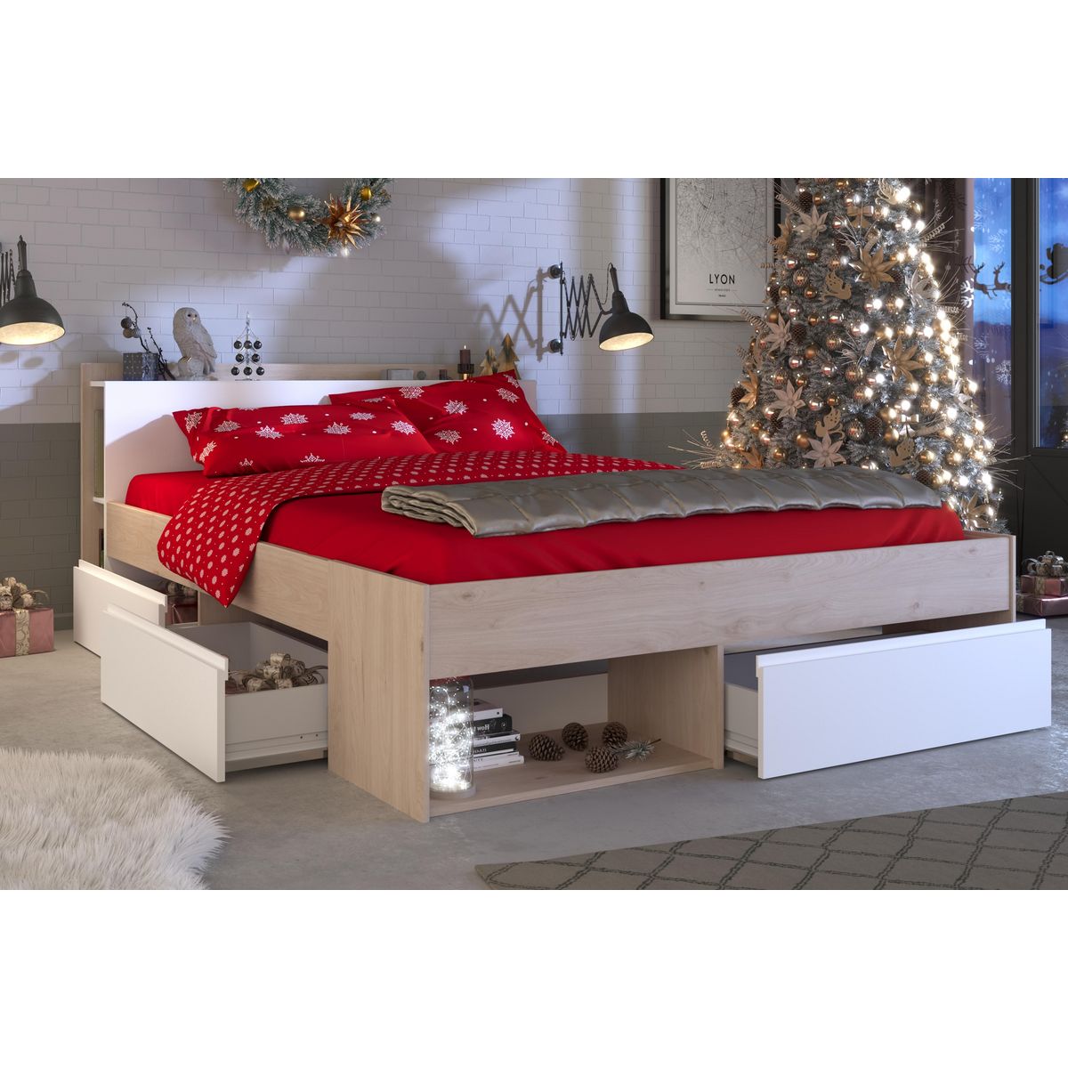 Lit double adulte 140x190 / 140x200 cm avec rangements BOOST