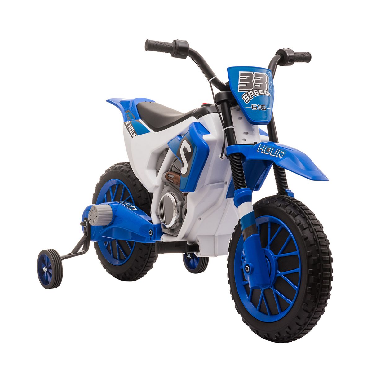 HOMCOM Moto cross électrique enfant 3 à 5 ans 12 V 3-8 Km/h  avec roulettes latérales amovibles dim. 106,5L x 51,5l x 68H cm bleu