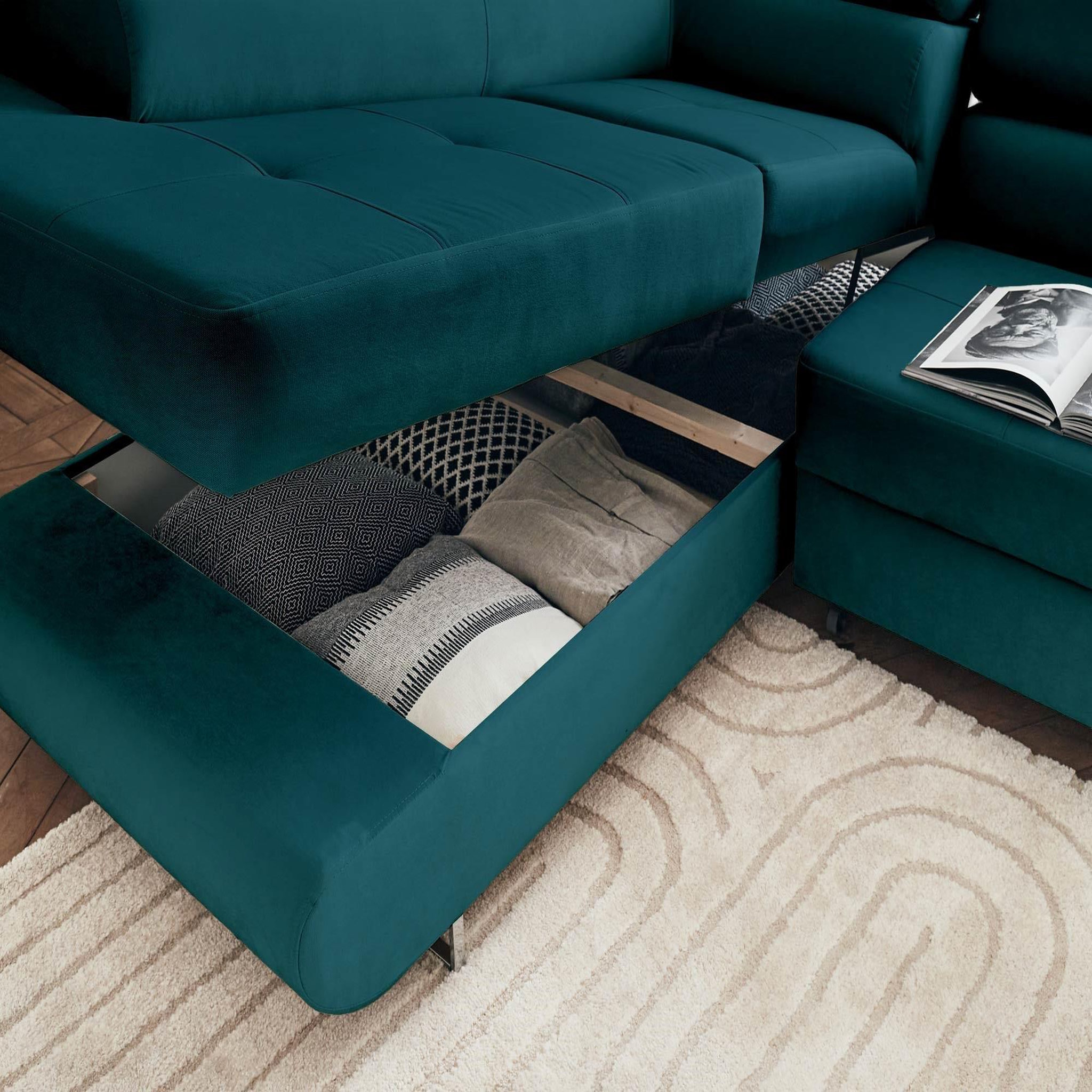 Voir la diapositive 3 : BEST MOBILIER Pablo - canapé d'angle gauche - 5 places - convertible avec coffre et têtières réglables - en velours
