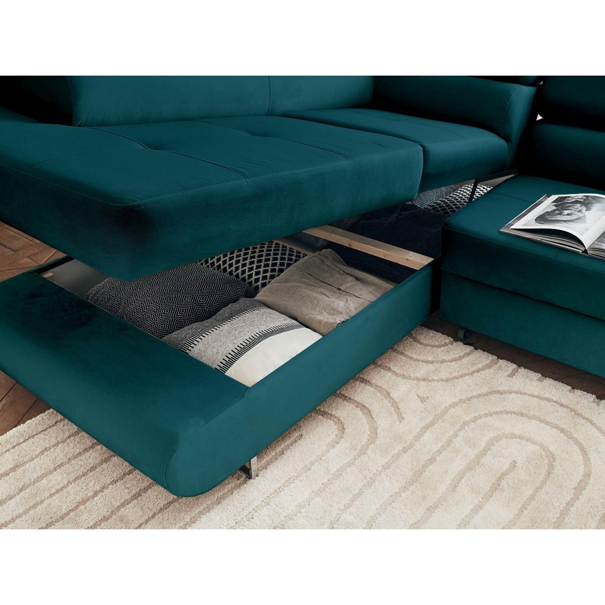 BEST MOBILIER Pablo - canapé d'angle gauche - 5 places - convertible avec coffre et têtières réglables - en velours