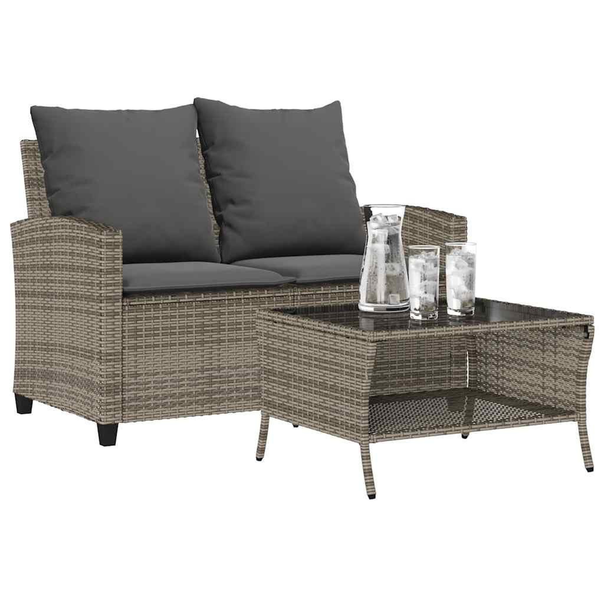 VIDAXL Canape de jardin 2 places coussins et table gris resine tressee