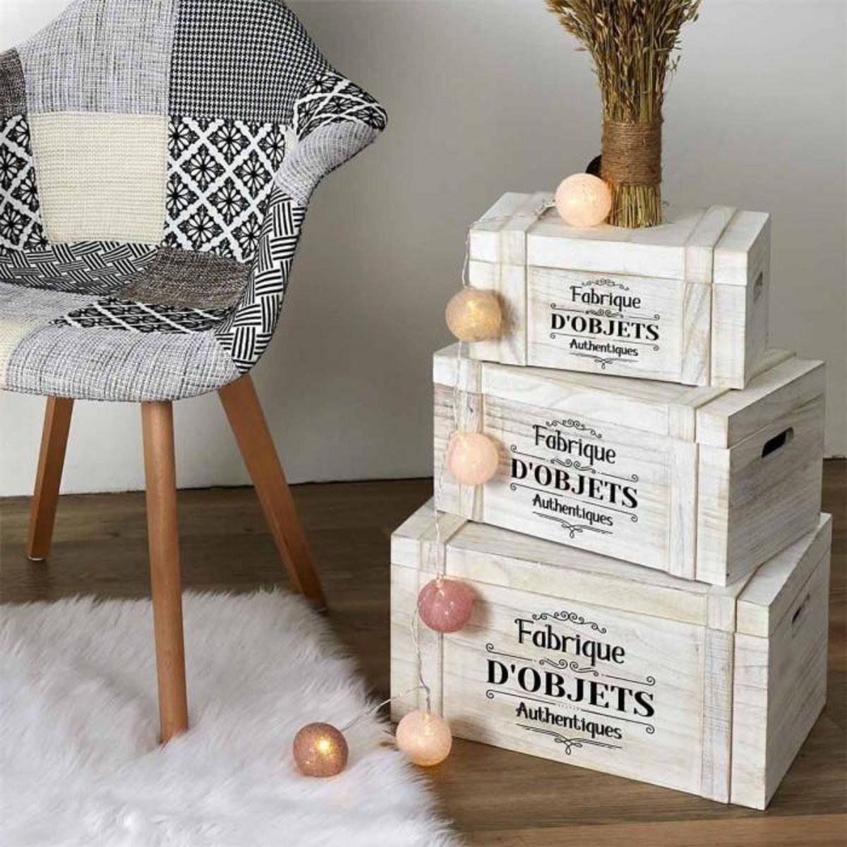 Paris Prix Lot de 3 Cagettes en Bois  Malle Creuse  42cm Blanc