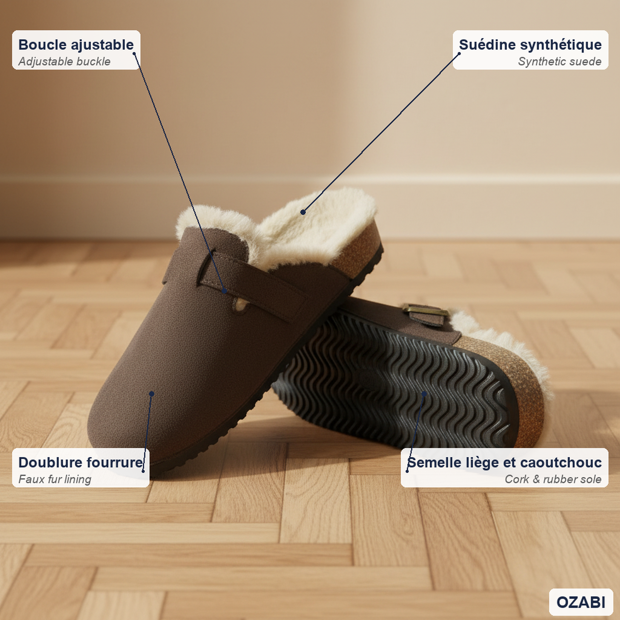 Voir la diapositive 4 : OZABI Ozabi sabots mules femme fourrées suédine boucle ajustable