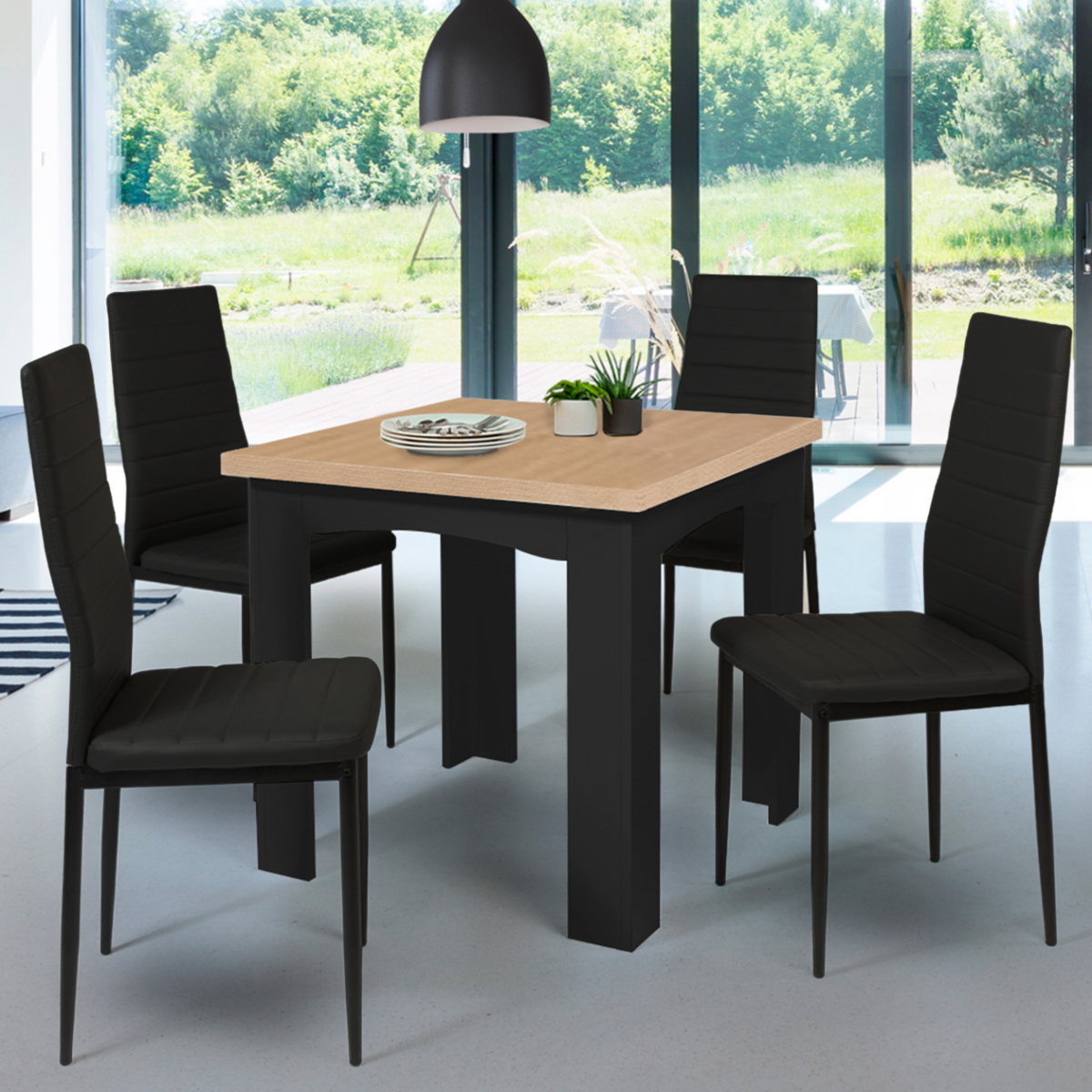 ID MARKET Table à manger extensible rectangle DONA 4-8 personnes noire plateau façon hêtre 80-160 cm