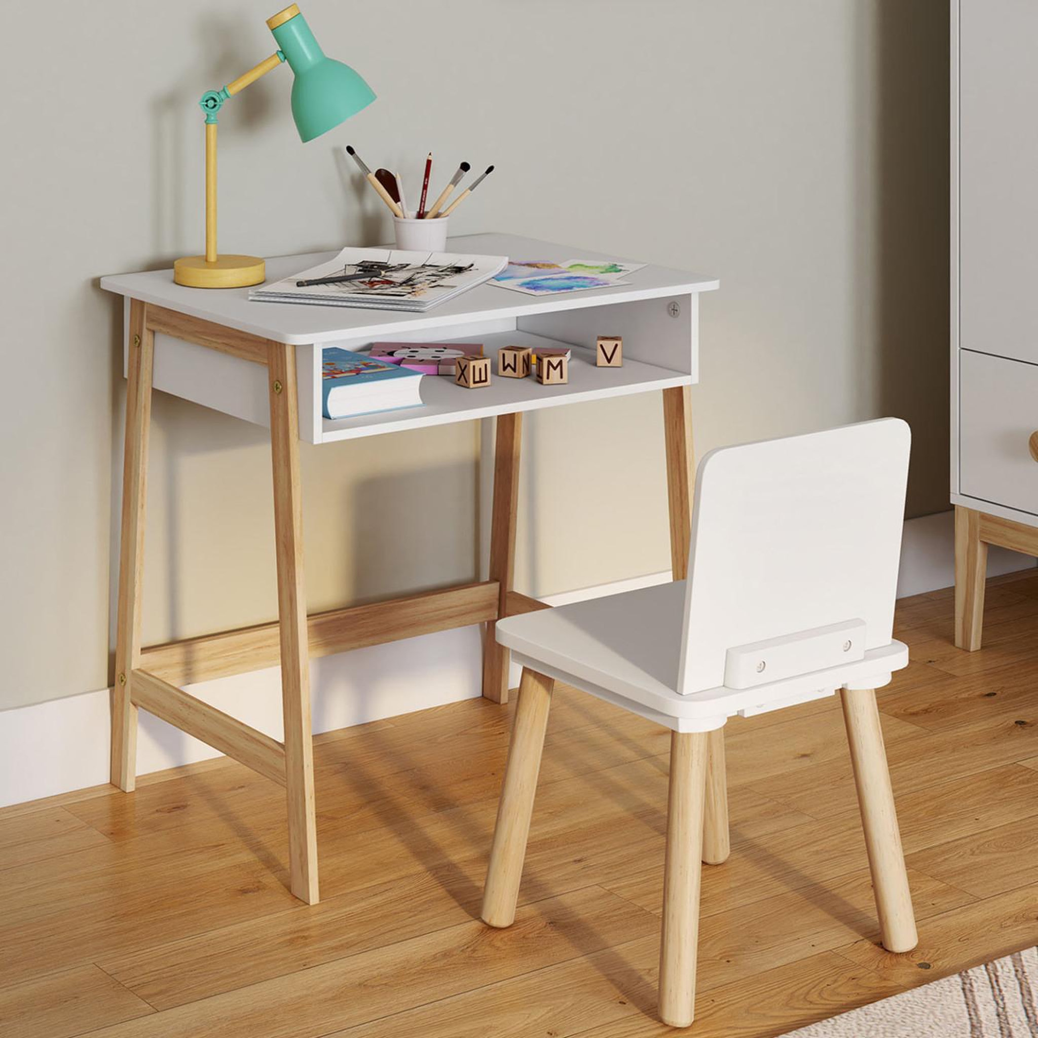Voir la diapositive 2 : ID MARKET Ensemble bureau enfant anatole avec niche et 1 chaise blanc et bois