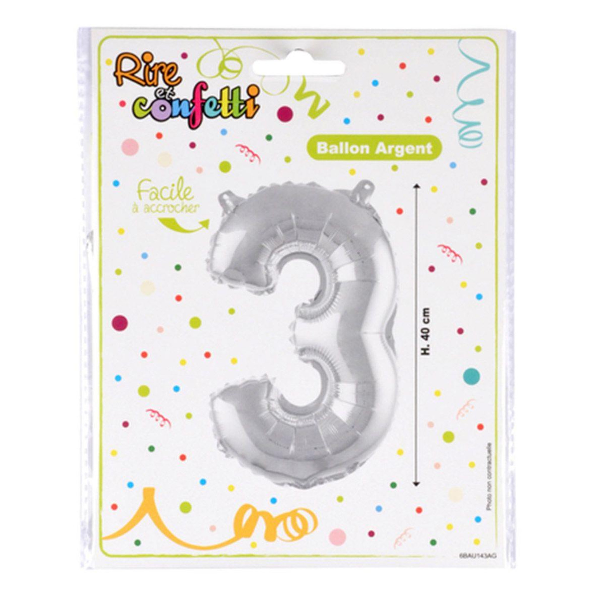 Voir la diapositive 2 : HOMEA Ballon Gonflable Métallisé  Chiffre 3  40cm Argent