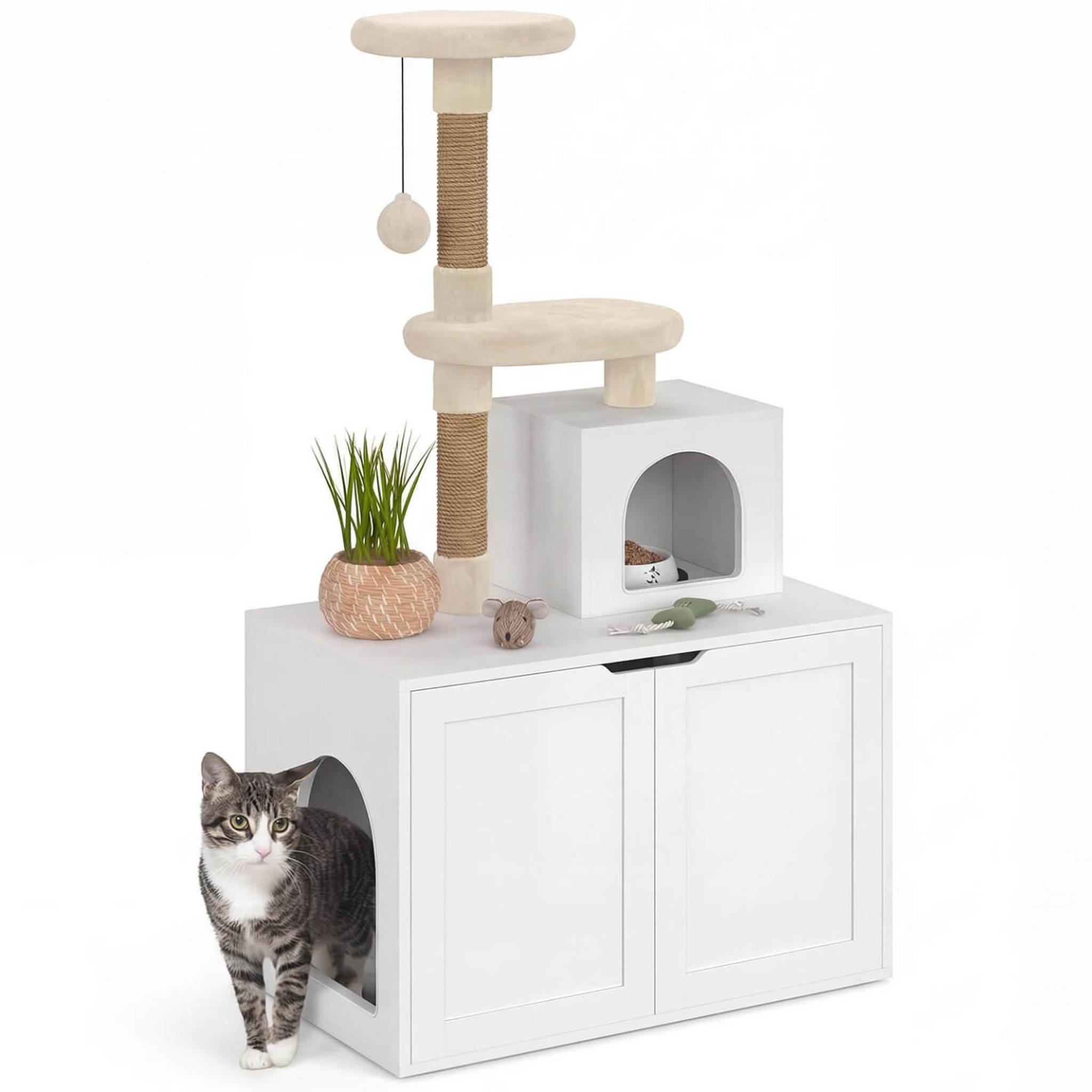 ID MARKET Maison de toilette pour chat avec arbre à chat, cache-litière 2 portes, niche et plateforme en bois blanc