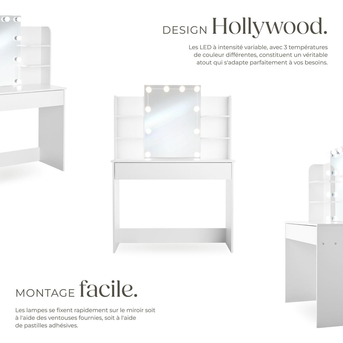tectake Coiffeuse avec miroir style hollywoodien blanc