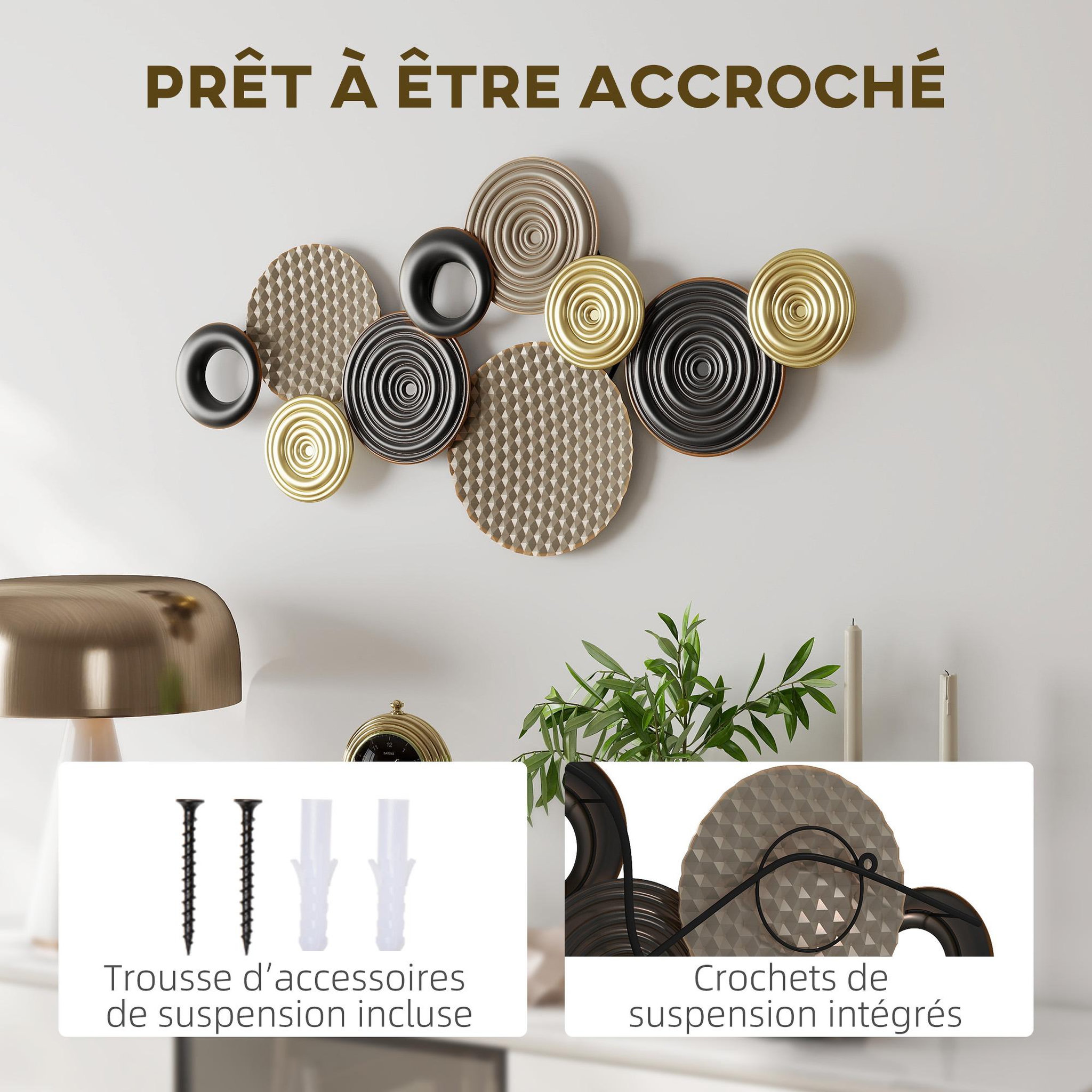 Voir la diapositive 4 : HOMCOM Décoration murale métal doré géométrique 10 disques 100 x 50 cm tricolore noir doré taupe clair