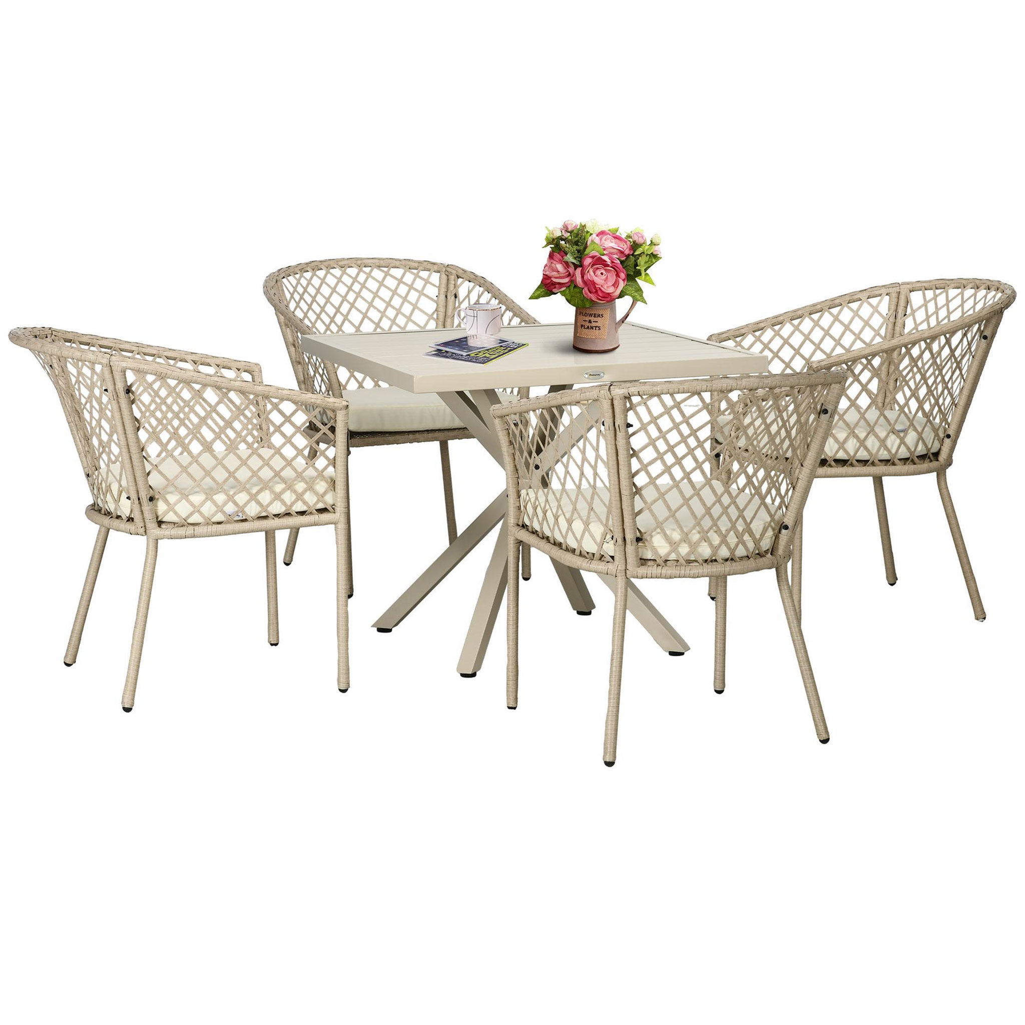 Voir la diapositive 1 : OUTSUNNY Ensemble salle à manger de jardin 4 places 5 pièces métal résine tressée beige