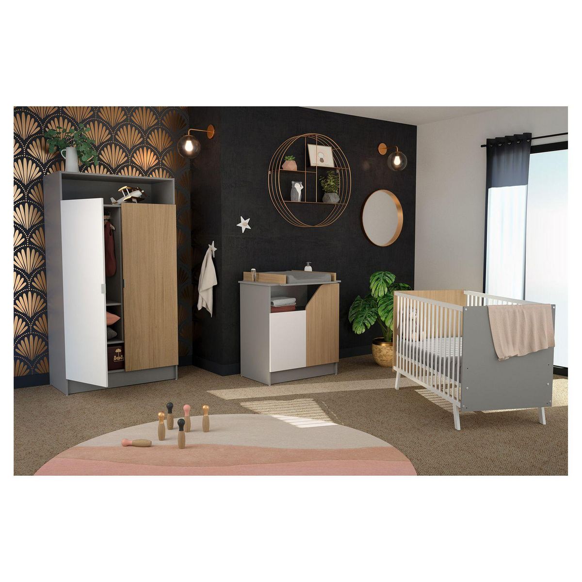 AT4 Chambre complète CARNAVAL Blanc, Gris et Chêne : Lit 60x120 cm + Commode À Langer + Armoire