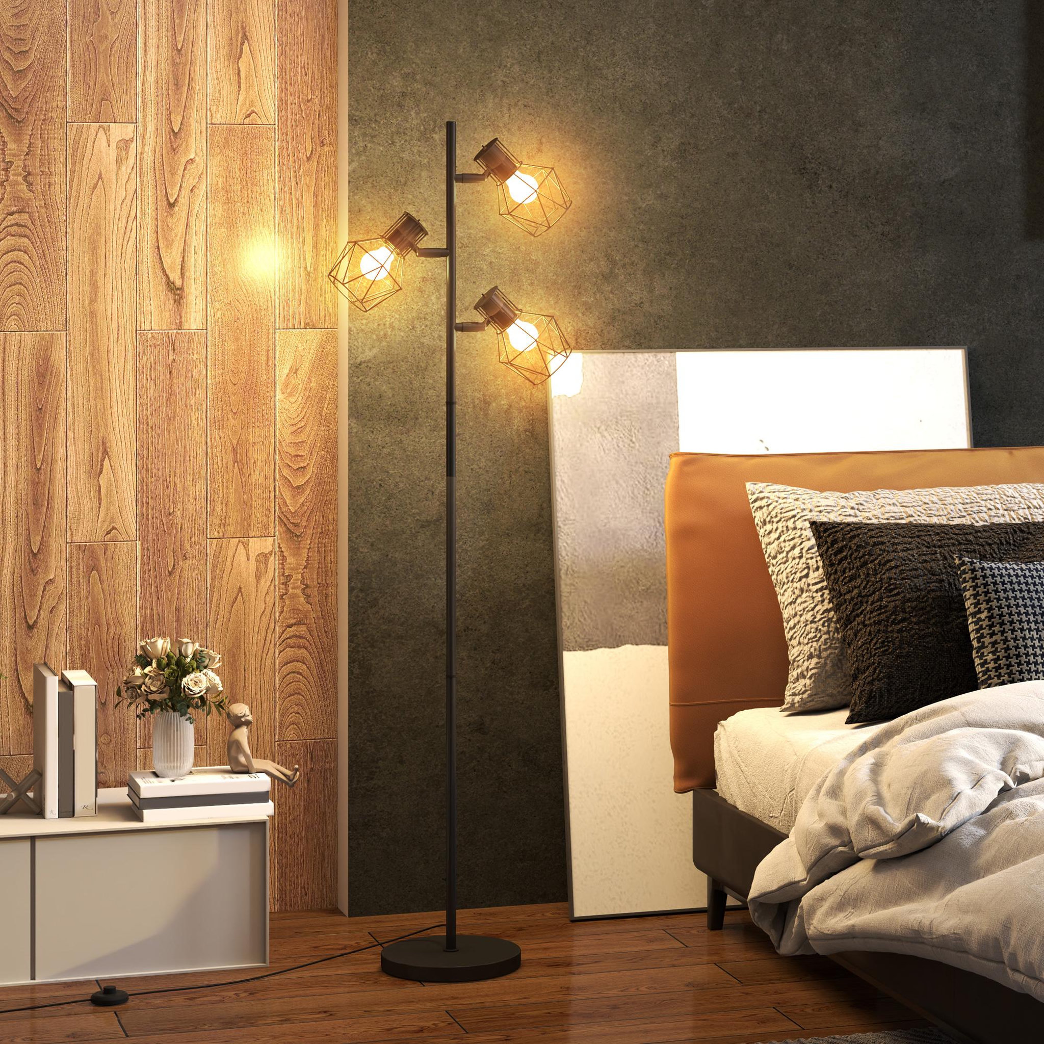 Voir la diapositive 2 : HOMCOM Lampadaire design industriel 3 ampoules max. 40w h.169 cm abat-jour cage métal noir