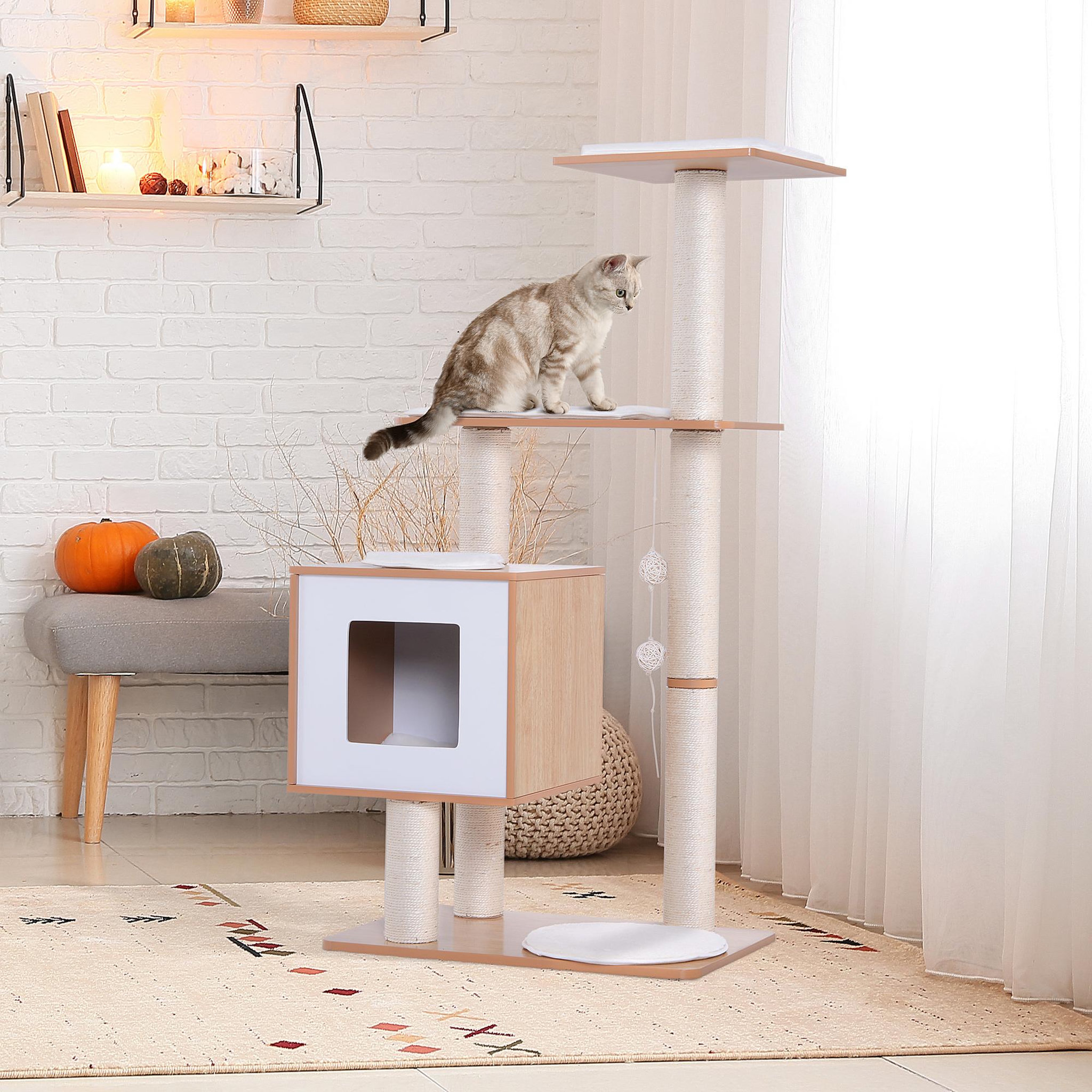 Voir la diapositive 2 : PAWHUT Arbre à chats design contemporain griffoirs grattoirs sisal naturel centre d'activités niche plate-formes jeu boules suspendues 71L x 49l x 120H cm MDF hêtre clair