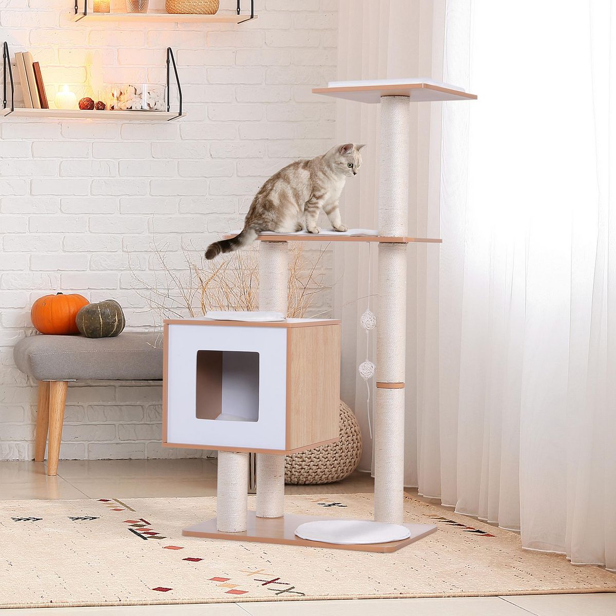 PAWHUT Arbre à chats design contemporain griffoirs grattoirs sisal naturel centre d'activités niche plate-formes jeu boules suspendues 71L x 49l x 120H cm MDF hêtre clair