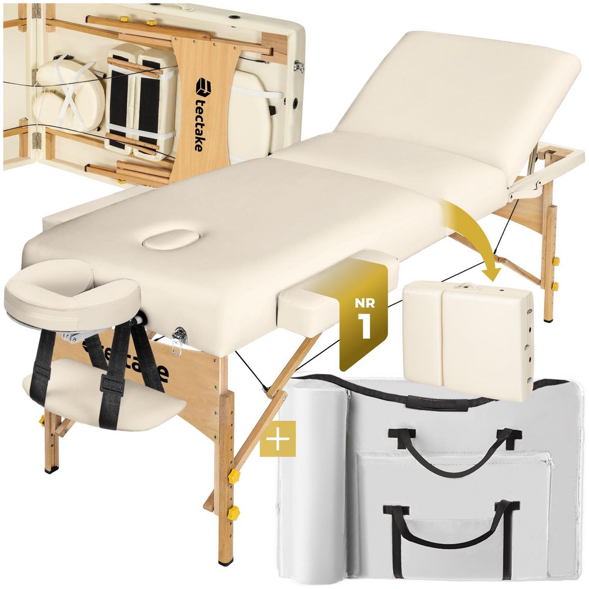 tectake Table de massage portable et pliante à 3 zones largeur 70 cm et rembourrage 10 cm beige