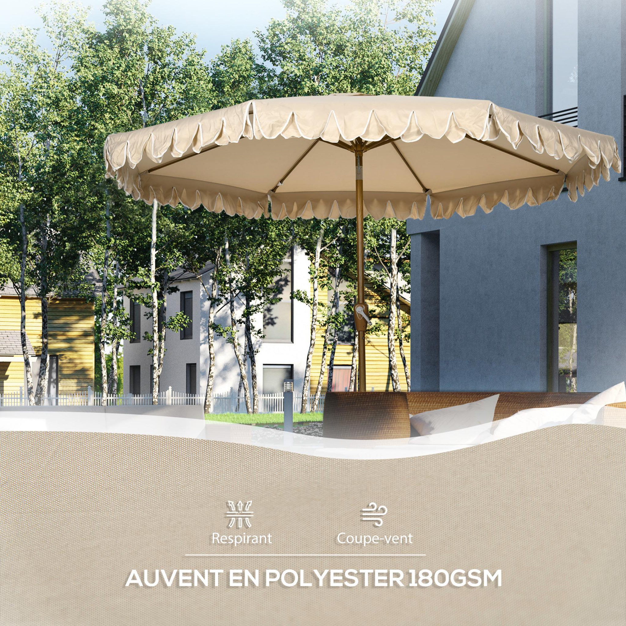 Voir la diapositive 6 : OUTSUNNY Parasol octogonal inclinable Ø 2,64 x 2,4H m mât acier aspect bois polyester haute densité 180 g/m² beige