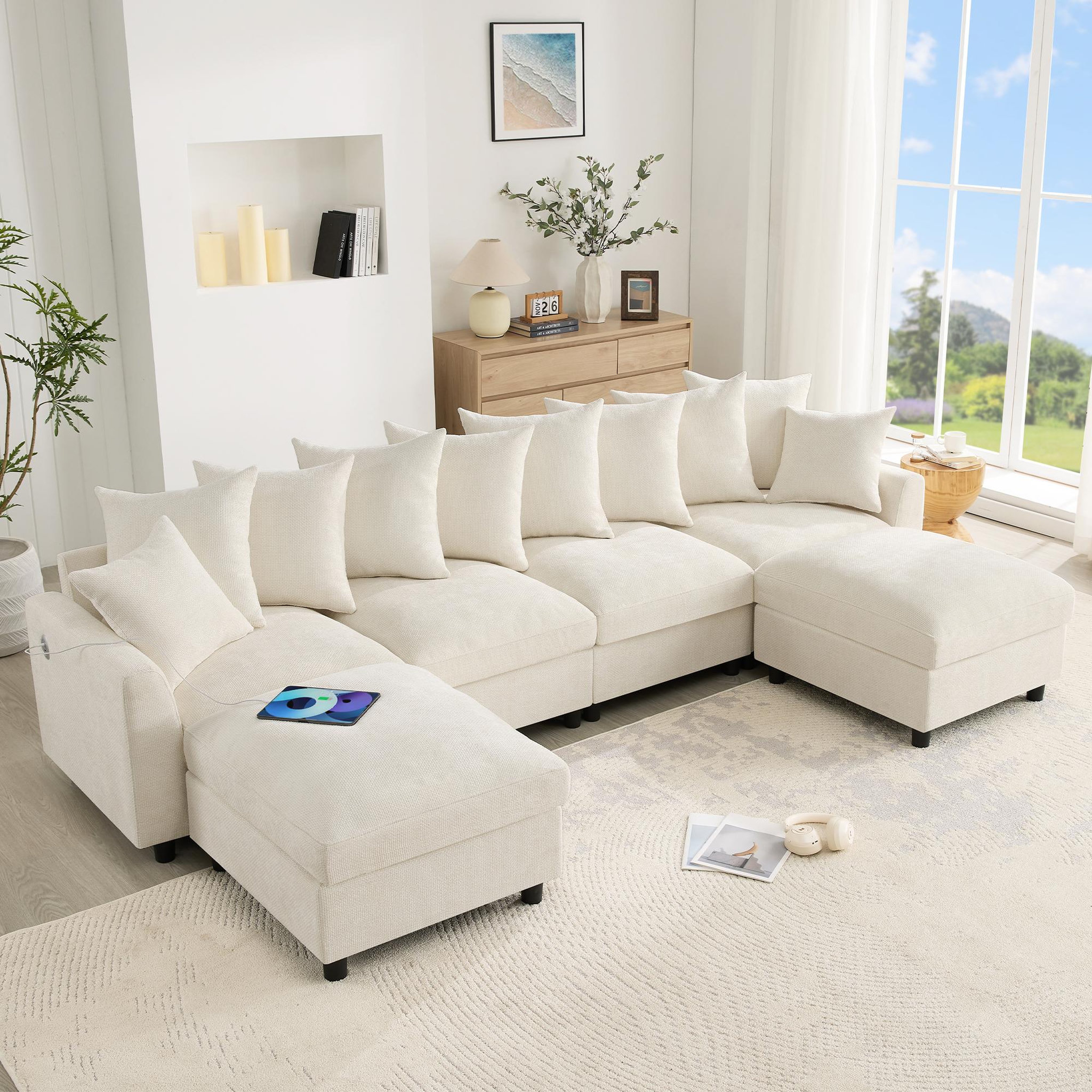 Voir la diapositive 4 : MERAX Canapé d'angle modulable 6 places u/l avec 2 poufs usb type-c tissu chenille