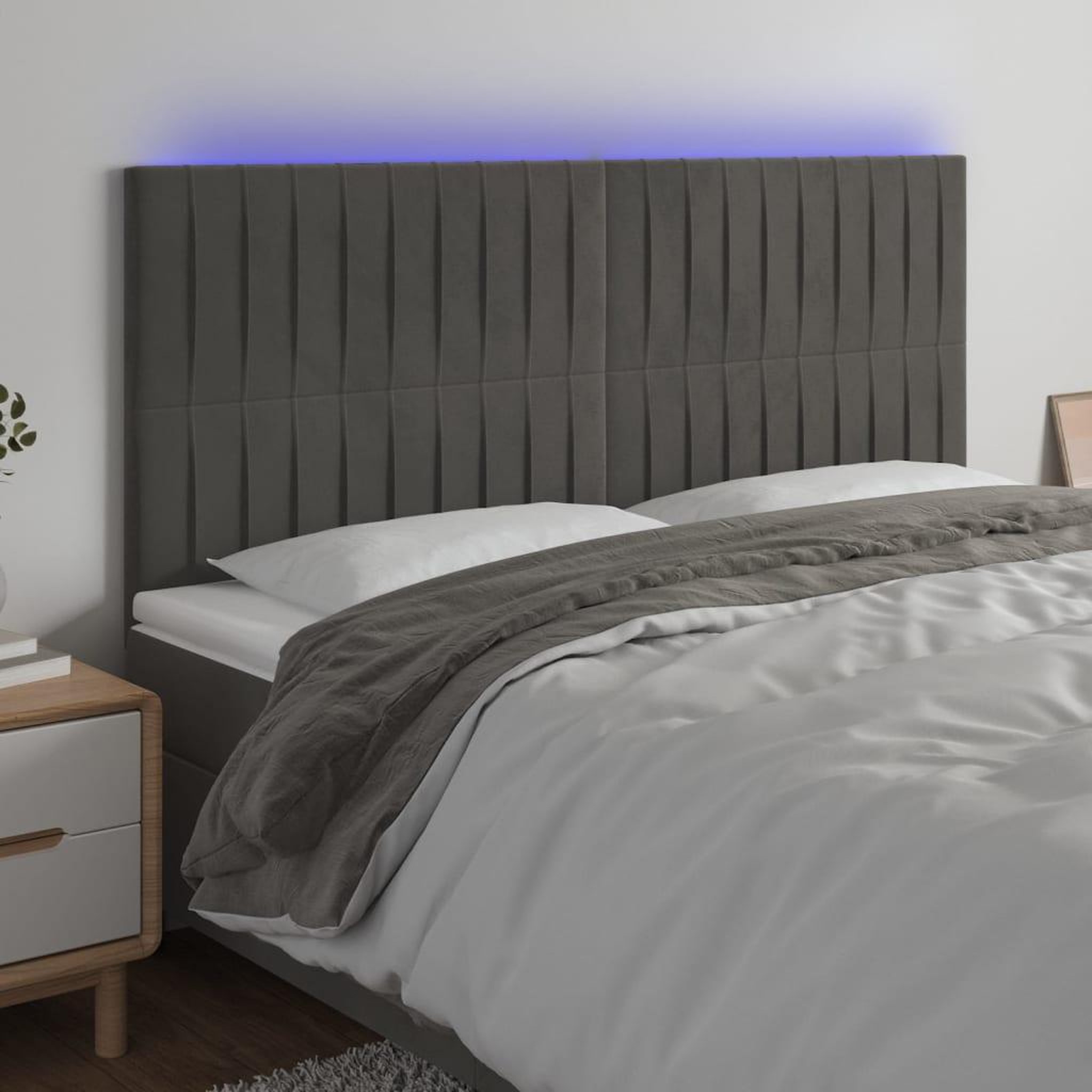 Voir la diapositive 1 : VIDAXL Tete de lit a LED Gris fonce 200x5x118/128 cm Velours
