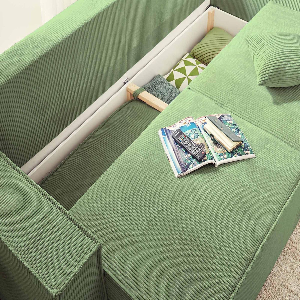 BEST MOBILIER Dellia - canapé 3 places convertible - avec coffre - en velours côtelé - style contemporain