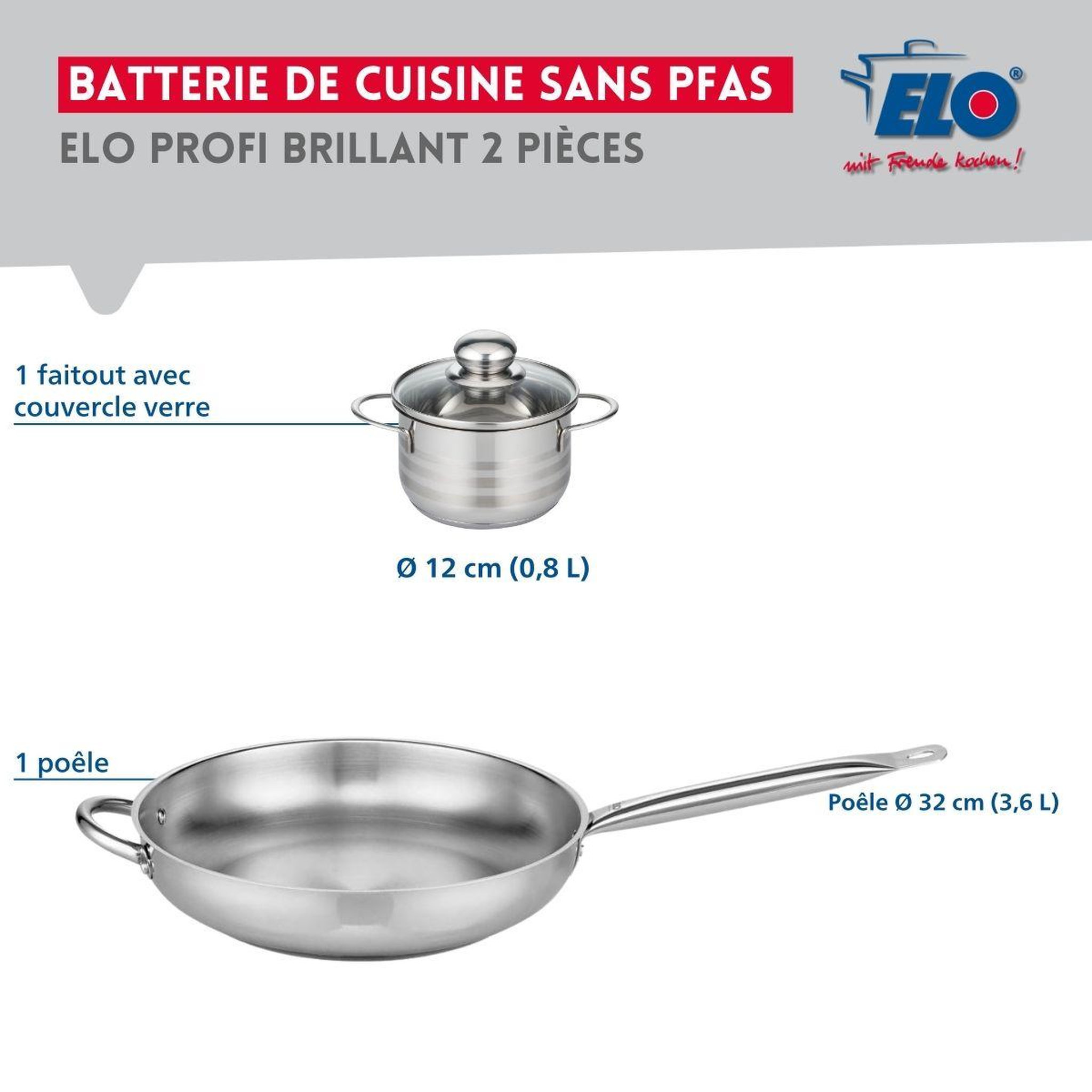Voir la diapositive 2 : ELO Ensemble de 1 poêle de cuisson 32 cm et 1 faitout 12 cm elo profi brillant