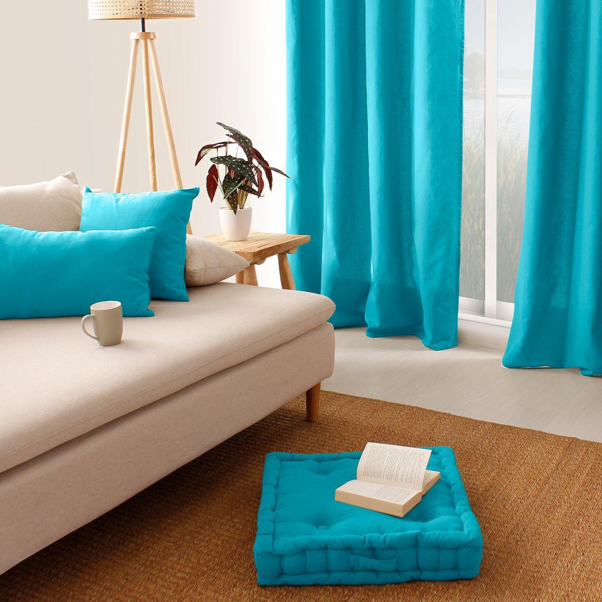 Voir la diapositive 3 : ENJOY HOME Coussin de sol uni  panama  50x50cm turquoise